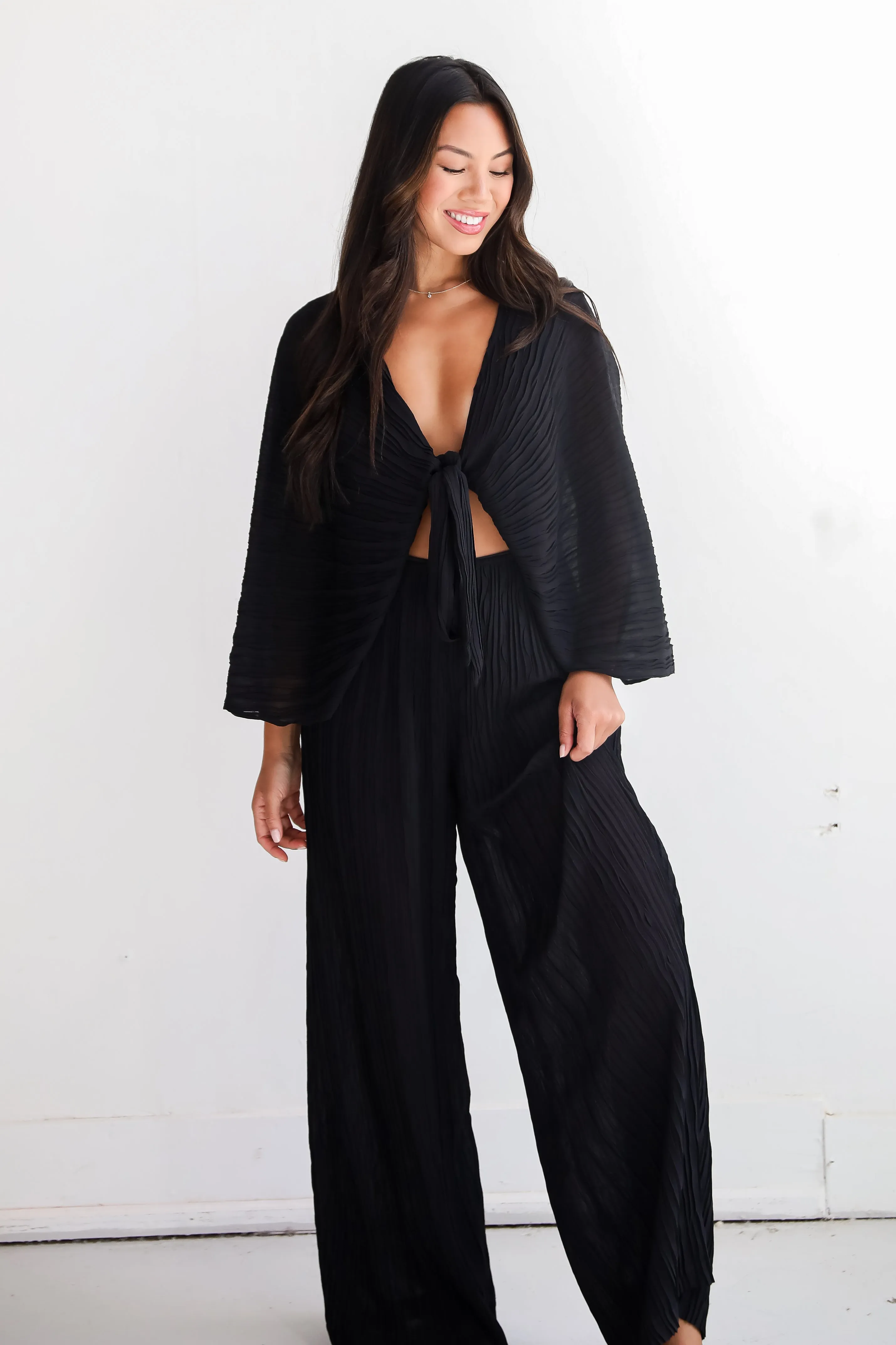 FINAL SALE - Sophisticated Step Black Pleated Tie-Front Blouse
