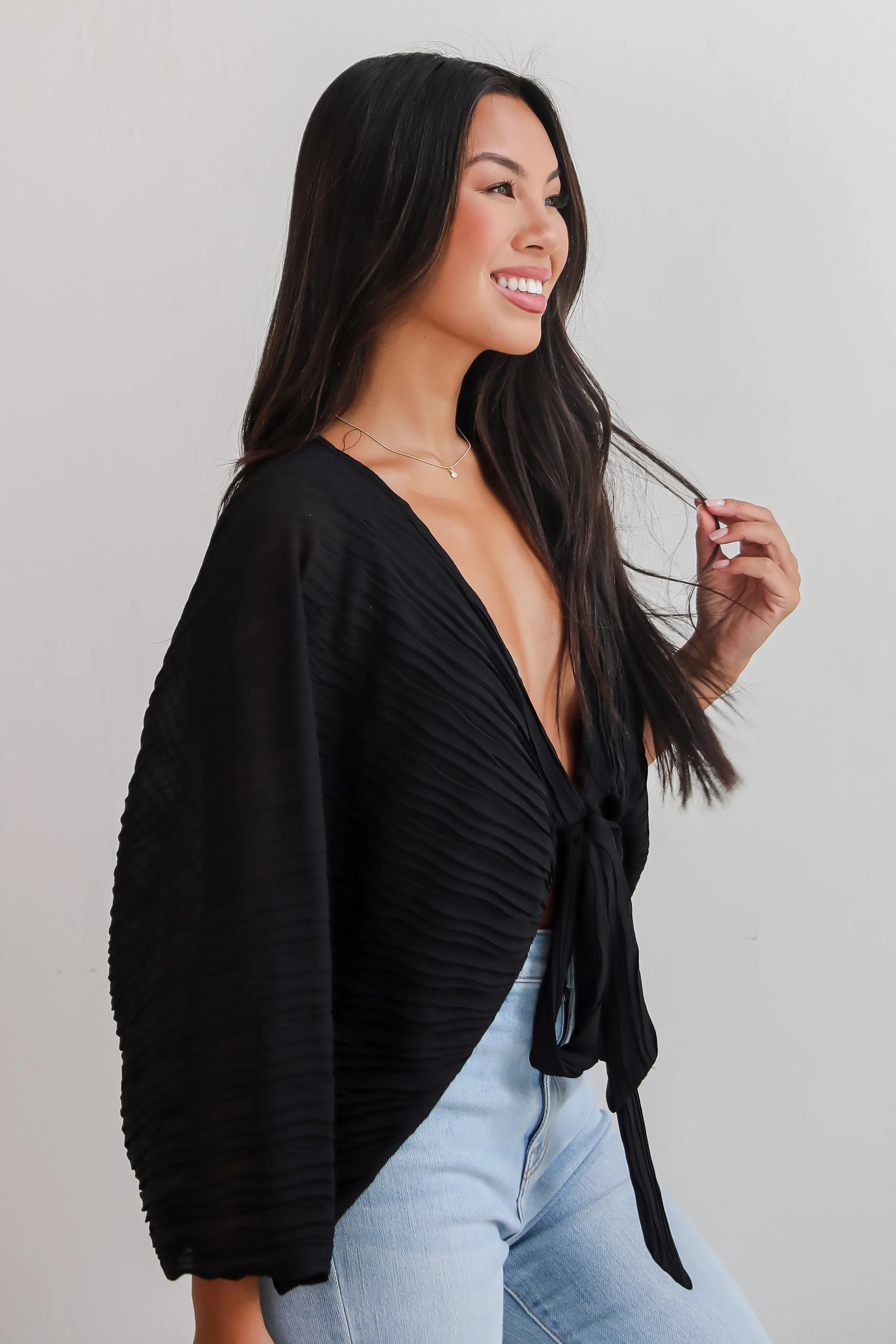 FINAL SALE - Sophisticated Step Black Pleated Tie-Front Blouse