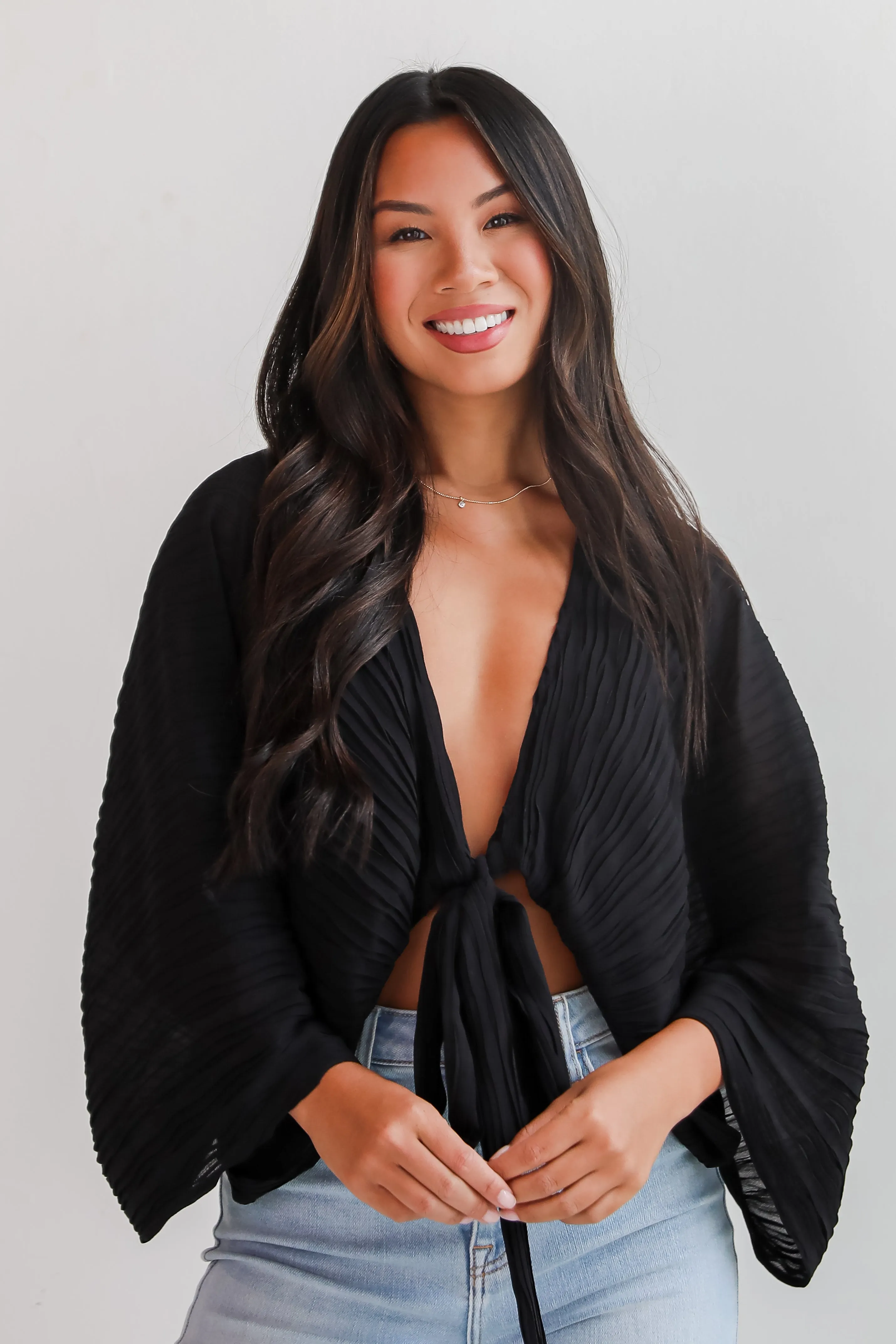 FINAL SALE - Sophisticated Step Black Pleated Tie-Front Blouse