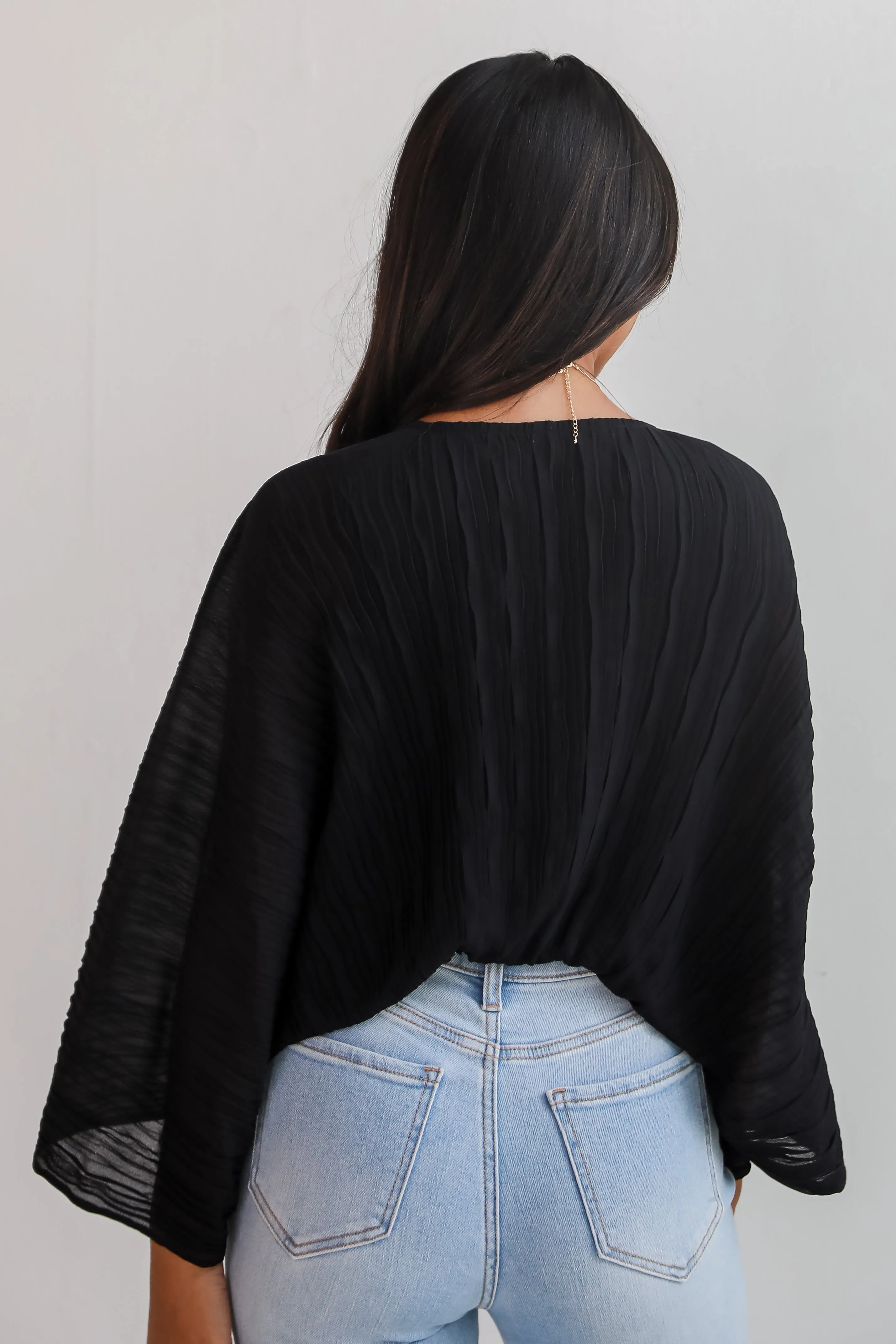 FINAL SALE - Sophisticated Step Black Pleated Tie-Front Blouse