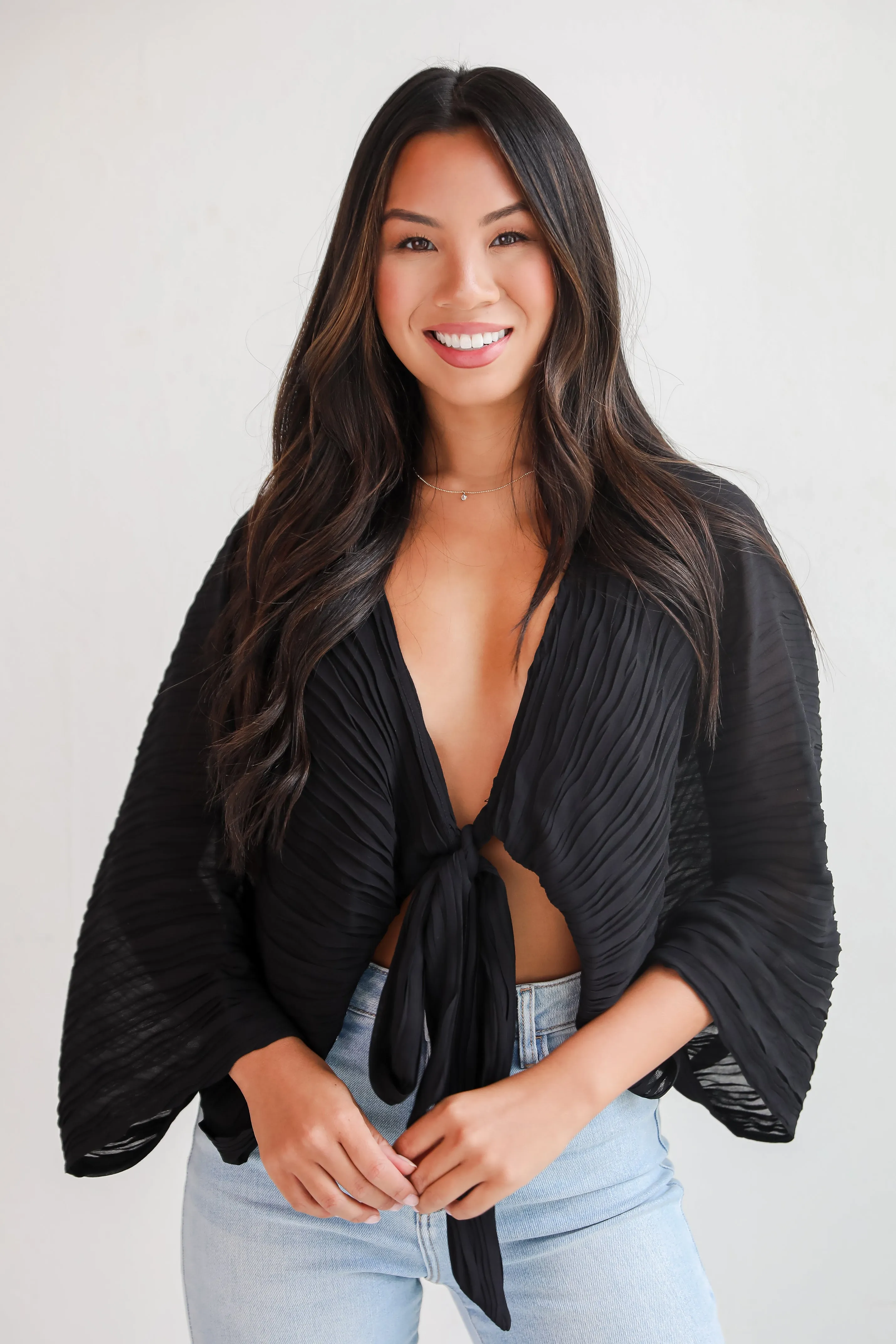 FINAL SALE - Sophisticated Step Black Pleated Tie-Front Blouse