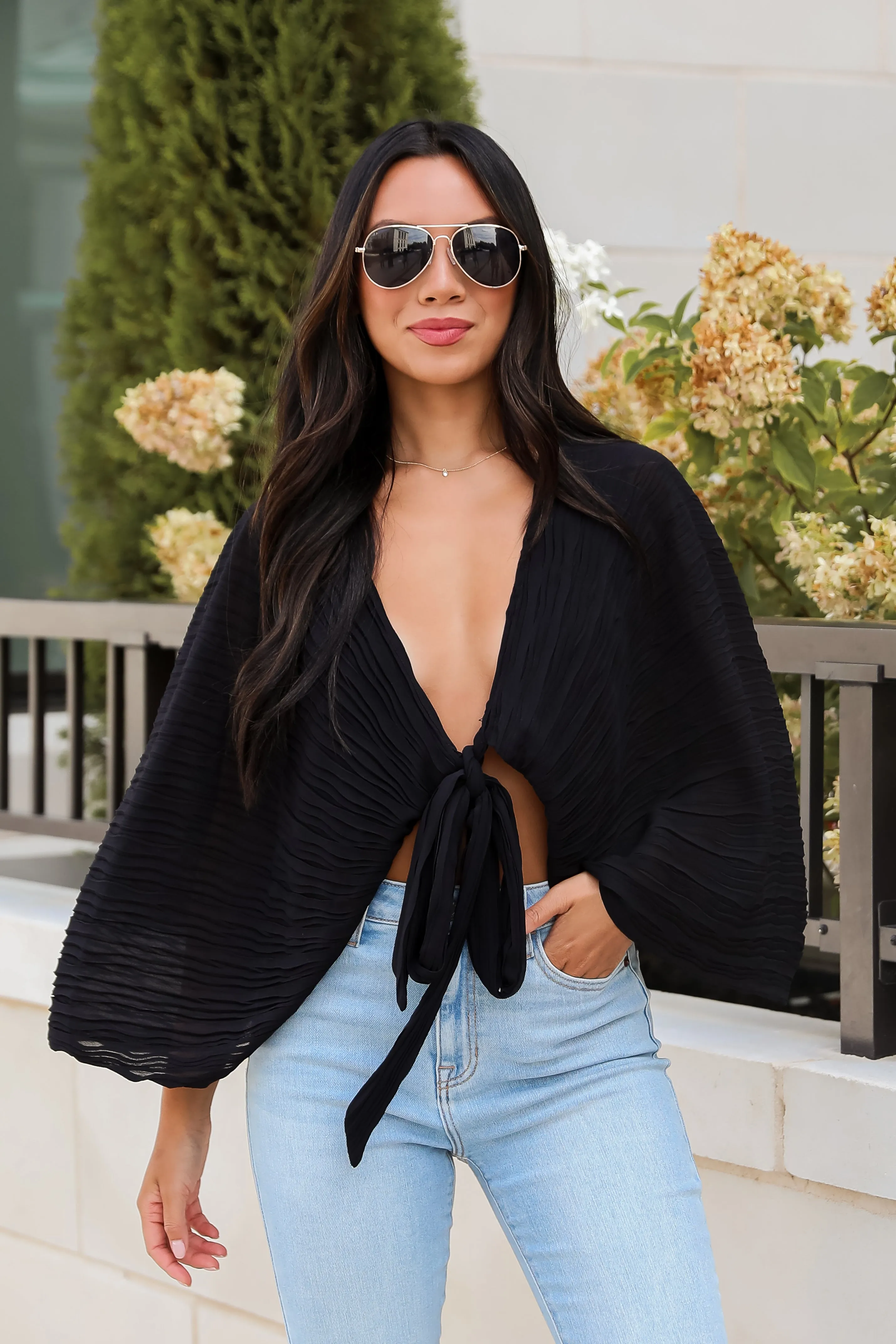 FINAL SALE - Sophisticated Step Black Pleated Tie-Front Blouse