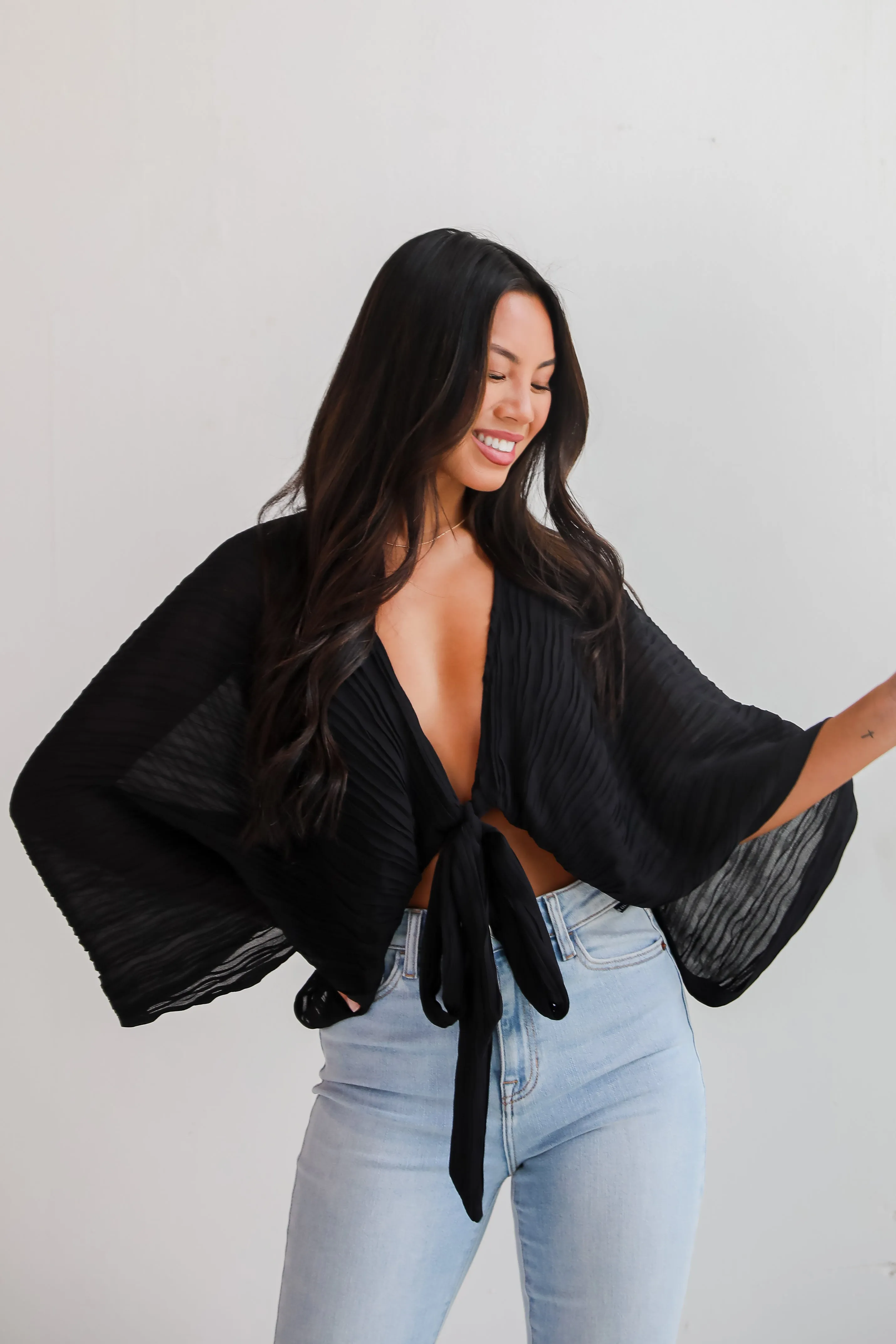 FINAL SALE - Sophisticated Step Black Pleated Tie-Front Blouse