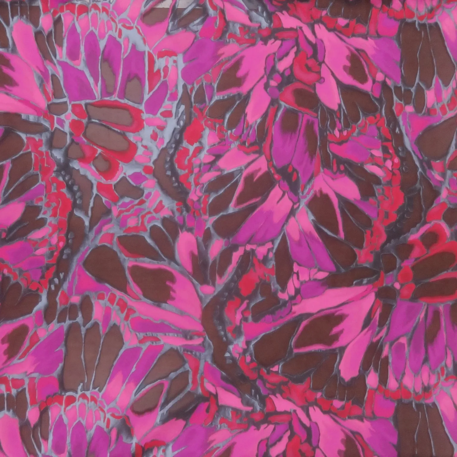 Fuchsia and Red Florals on Black Sheer Background Gazar Organza Fabric