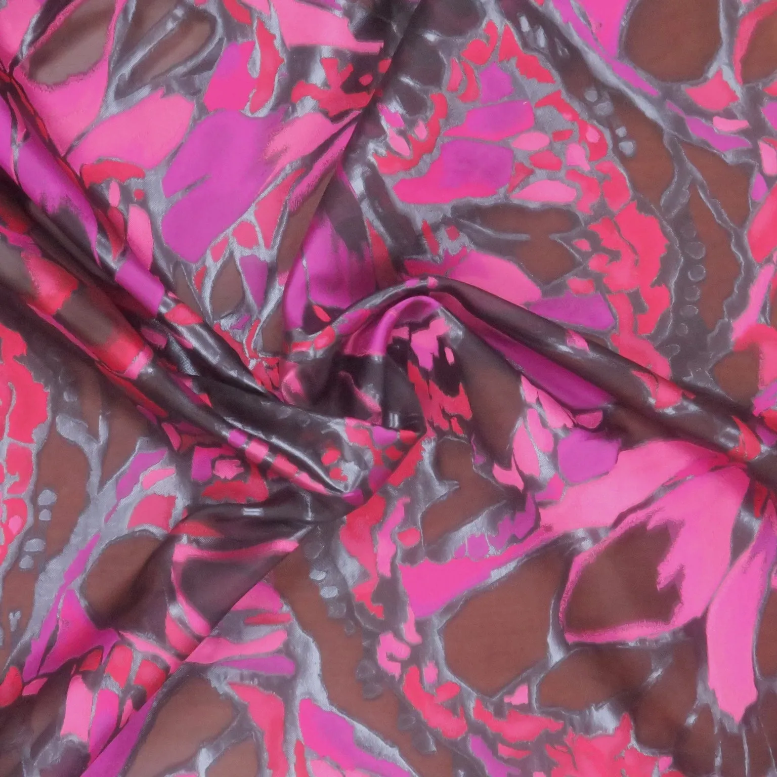 Fuchsia and Red Florals on Black Sheer Background Gazar Organza Fabric