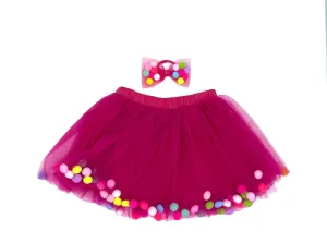 Fuchsia Tutu | Hot Pink Tutu For Girls | Pom Pom Tutu and Bow Hair Tie | 2Pcs Set