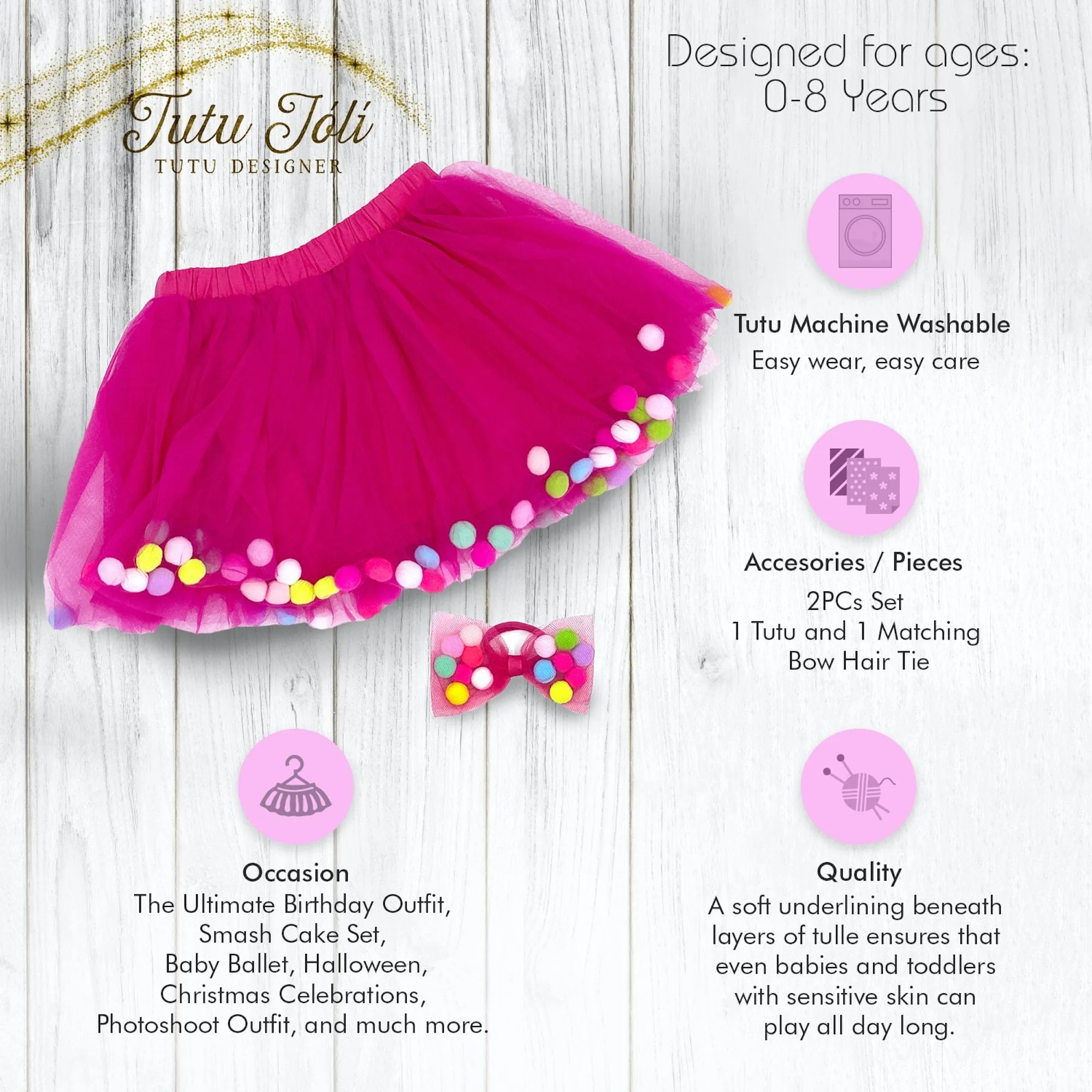 Fuchsia Tutu | Hot Pink Tutu For Girls | Pom Pom Tutu and Bow Hair Tie | 2Pcs Set