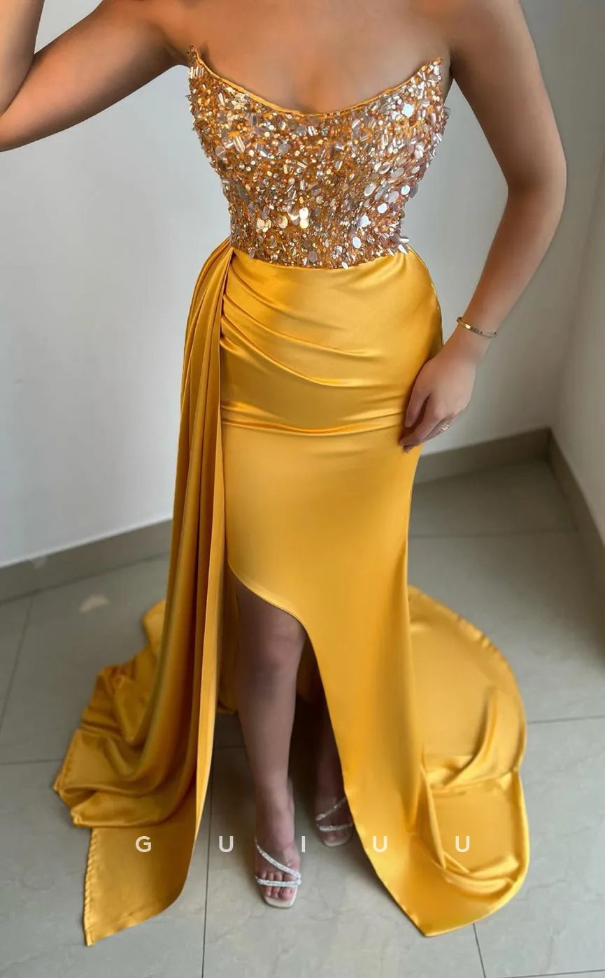 G2683 - Classic & Timeless Strapless Sequins Pleats Satin Evening Prom Dress