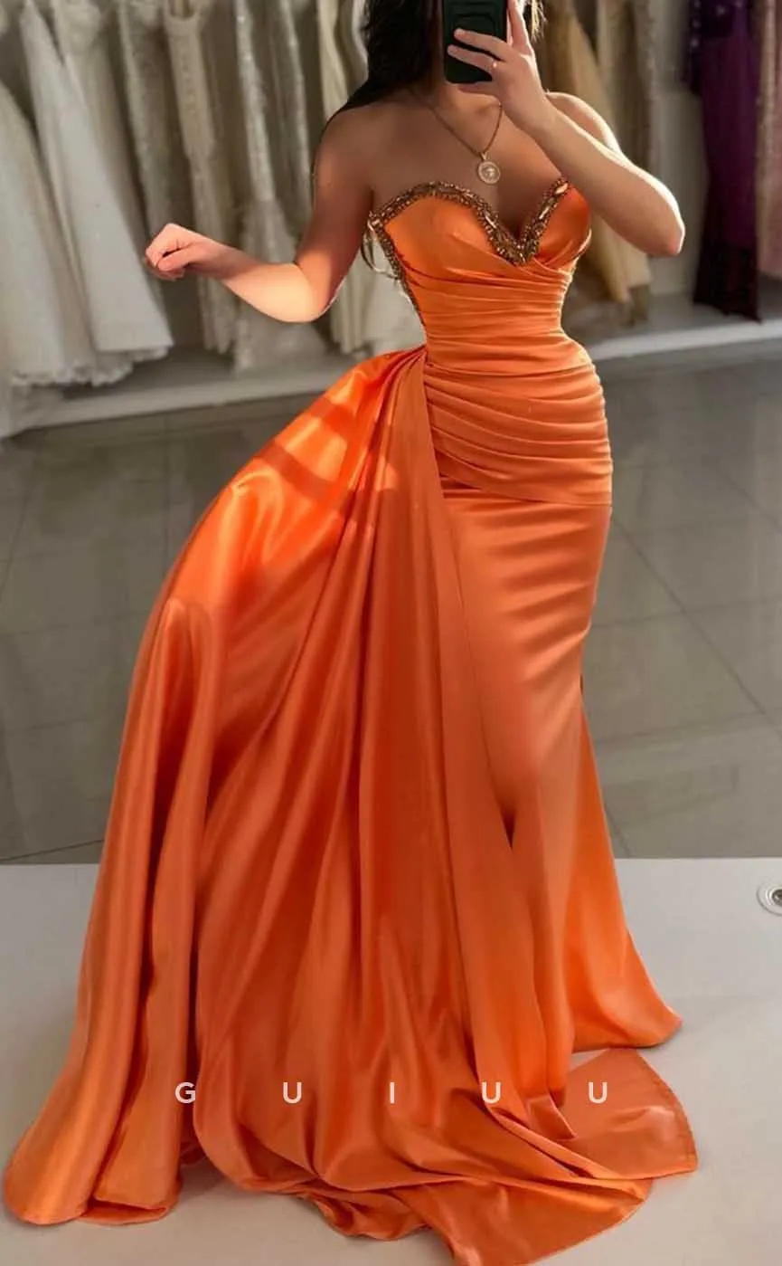 G4295 - Classic & Timeless Sheath V-Neck Beaded and Ruched Evening Gown Prom Dress with Overlay