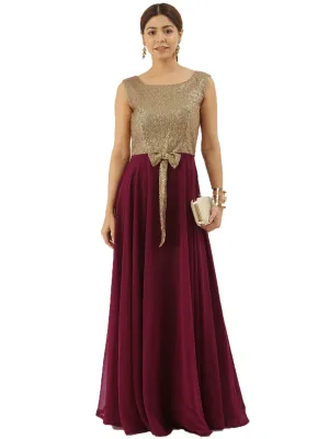 Gold Sequins N Purple Georgette Flared Gown