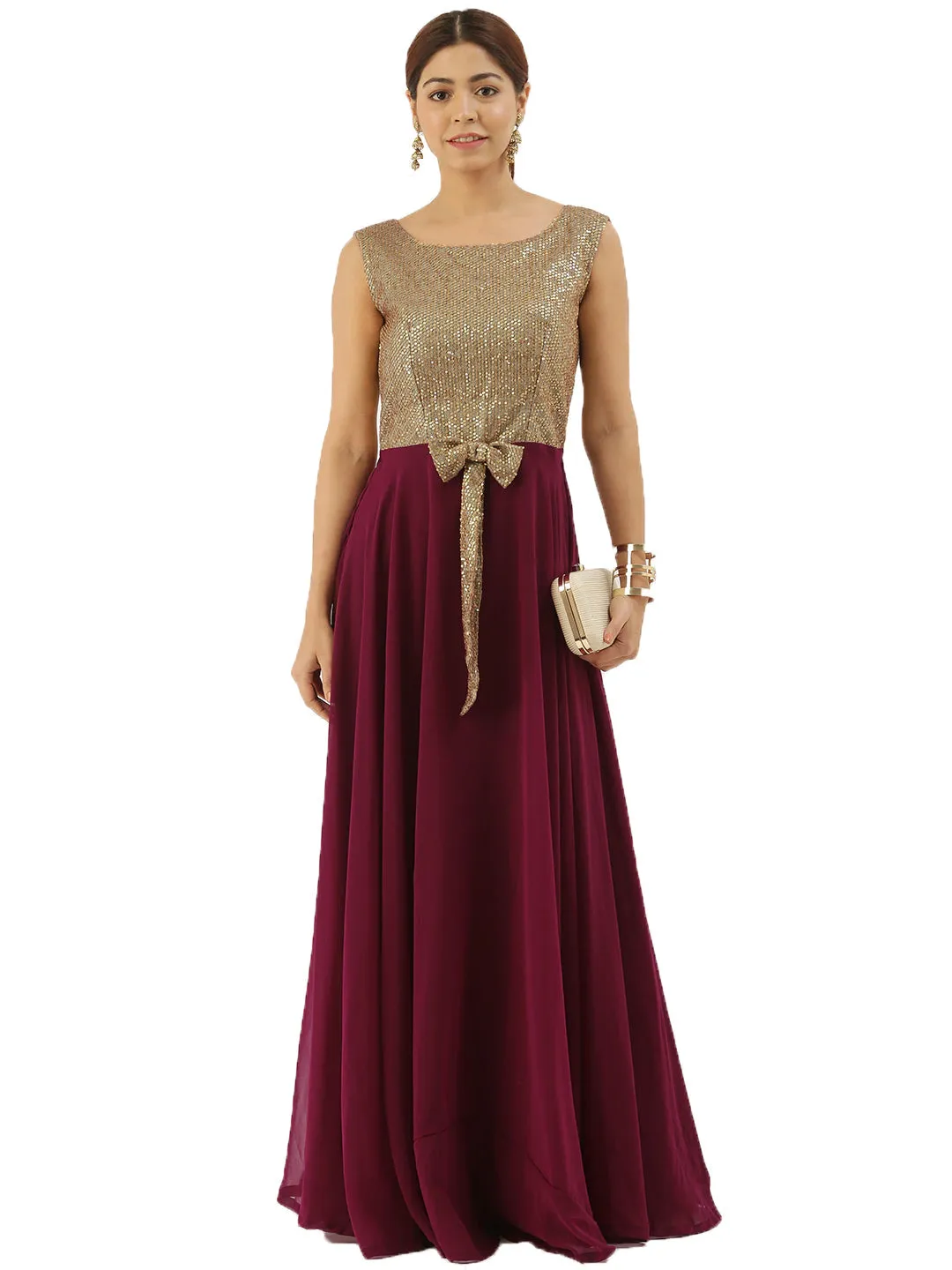Gold Sequins N Purple Georgette Flared Gown