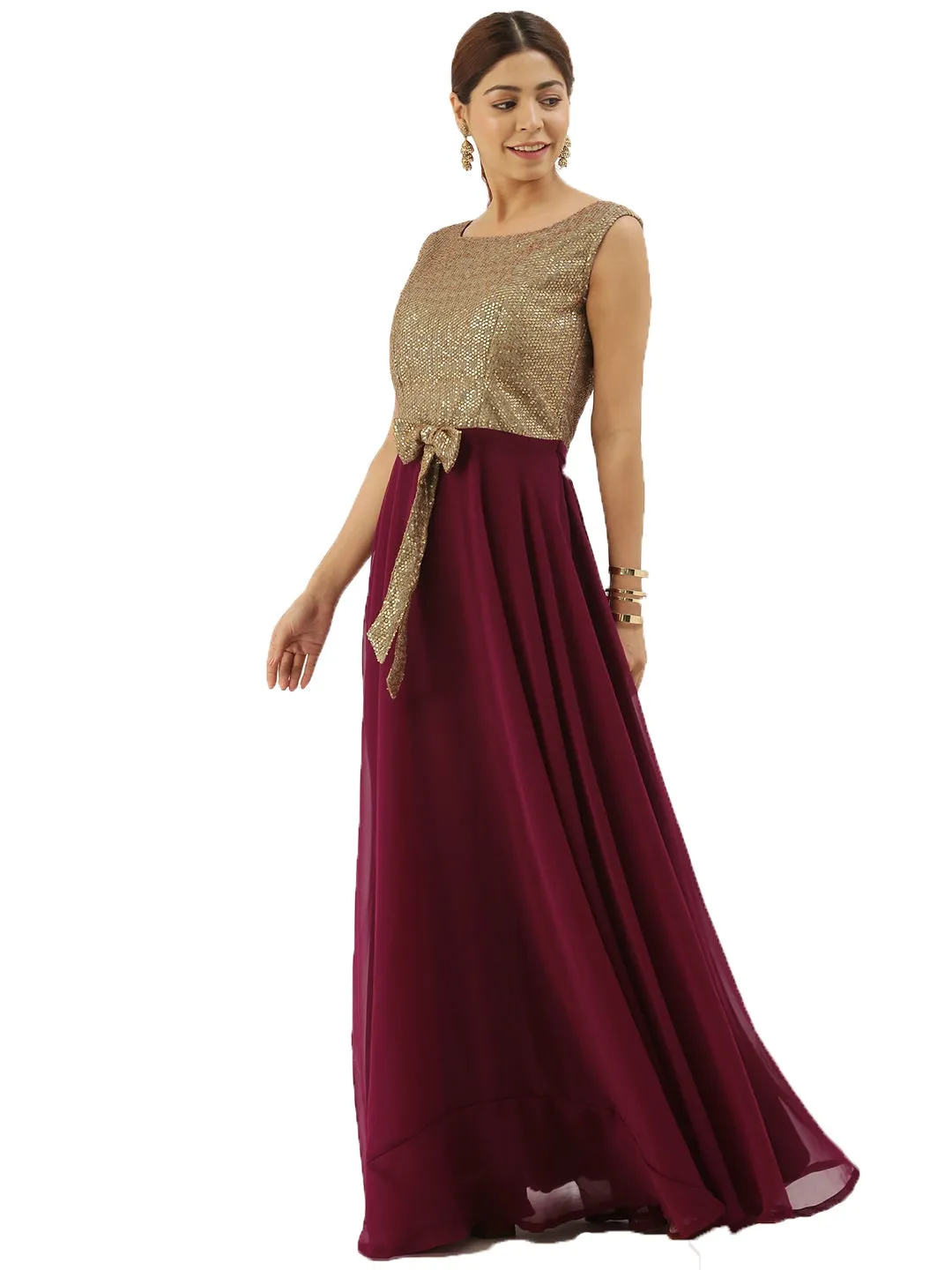 Gold Sequins N Purple Georgette Flared Gown