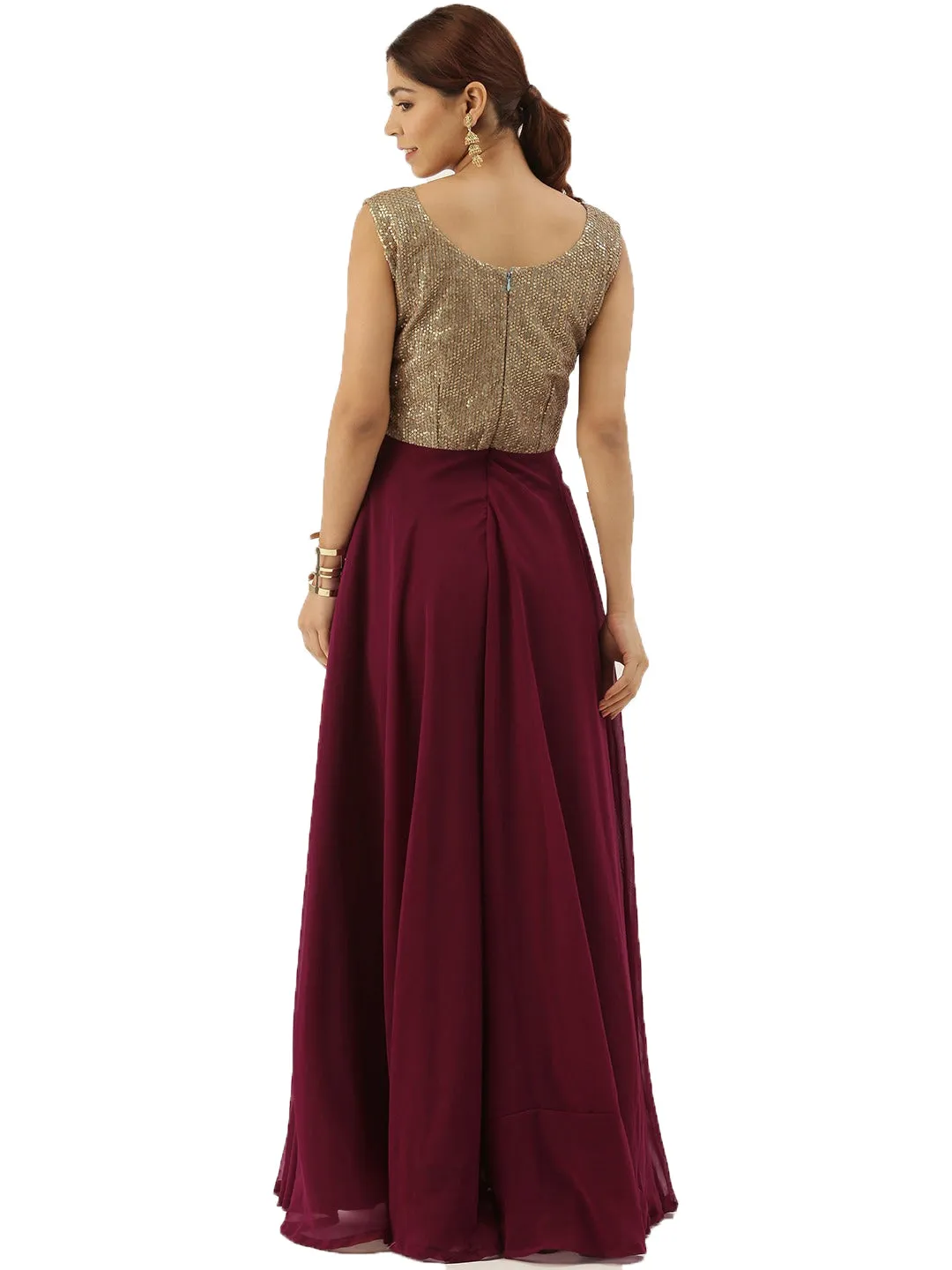 Gold Sequins N Purple Georgette Flared Gown