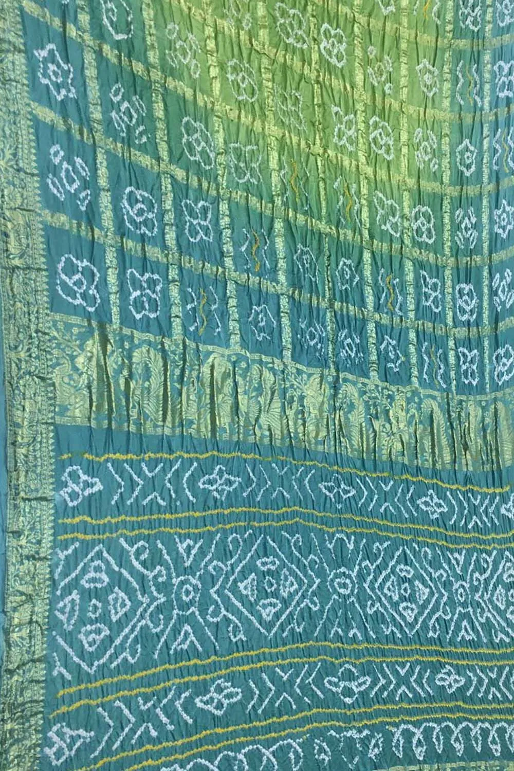 Green And Blue Bandhani Pure Gajji Silk Gharchola Checks Saree