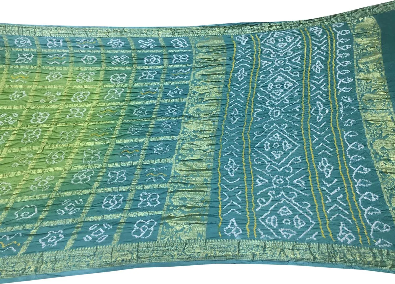 Green And Blue Bandhani Pure Gajji Silk Gharchola Checks Saree