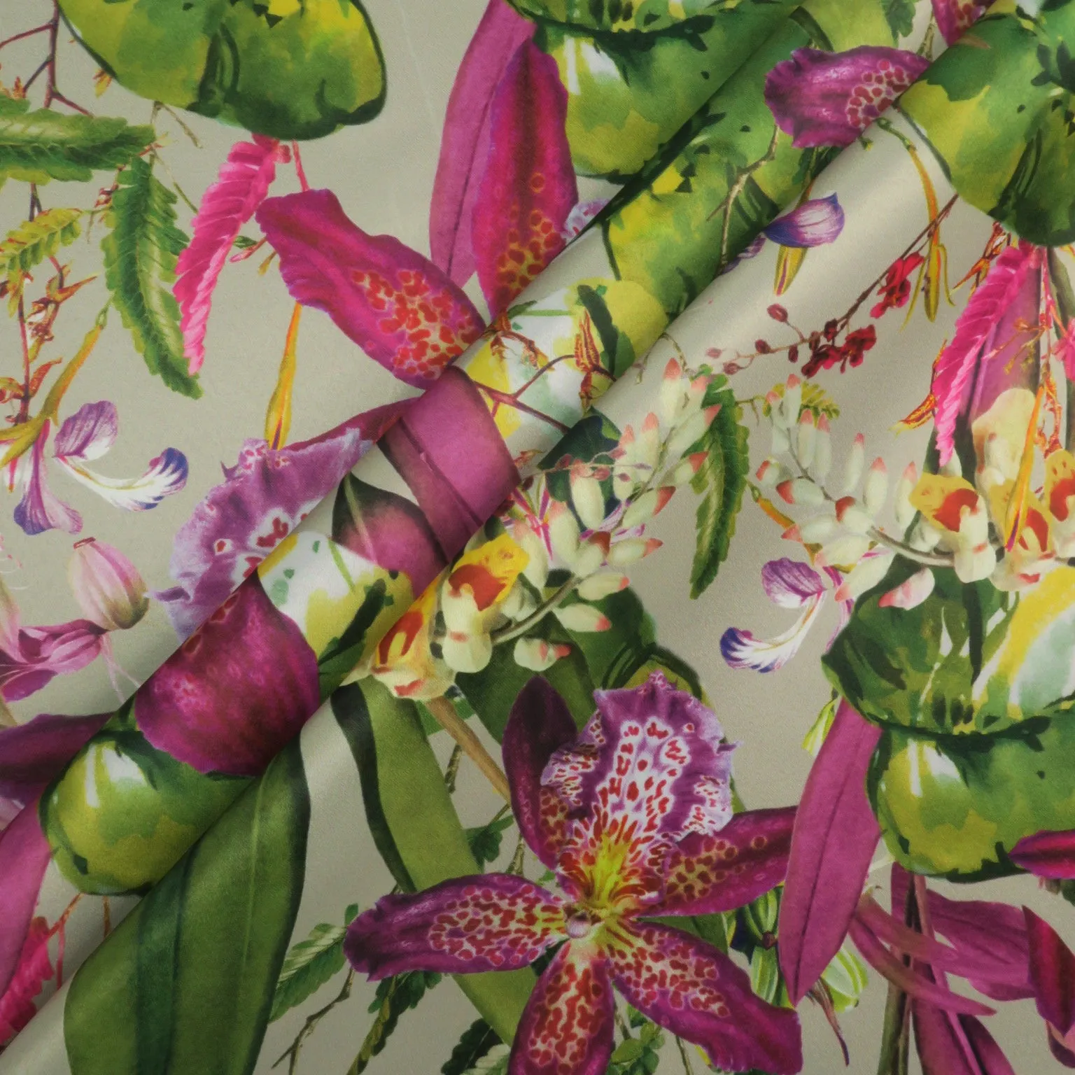 Green and Magenta Floral on a Nude Background Printed Polyester Mikado Fabric
