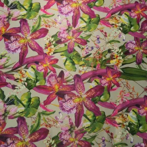 Green and Magenta Floral on a Nude Background Printed Polyester Mikado Fabric