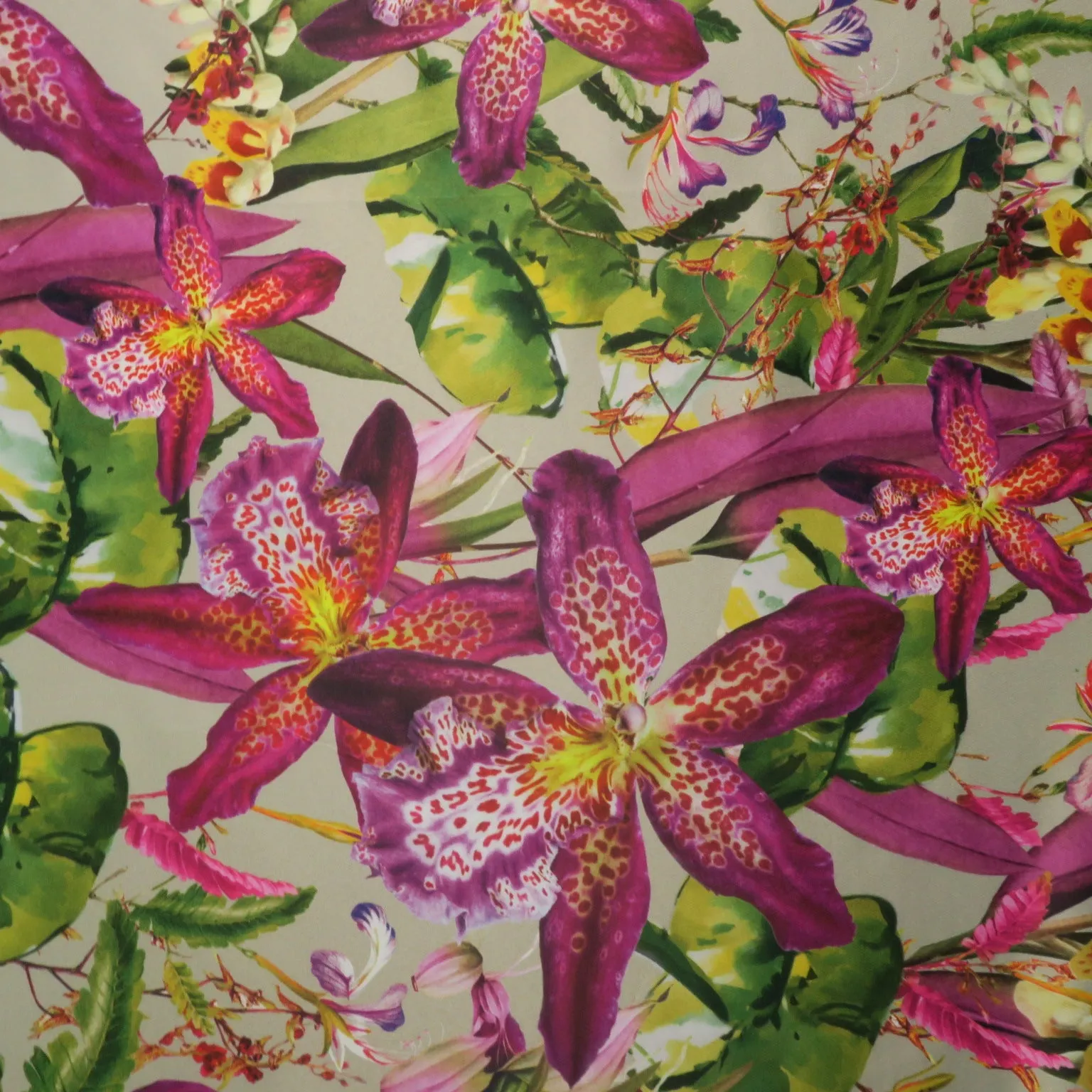 Green and Magenta Floral on a Nude Background Printed Polyester Mikado Fabric