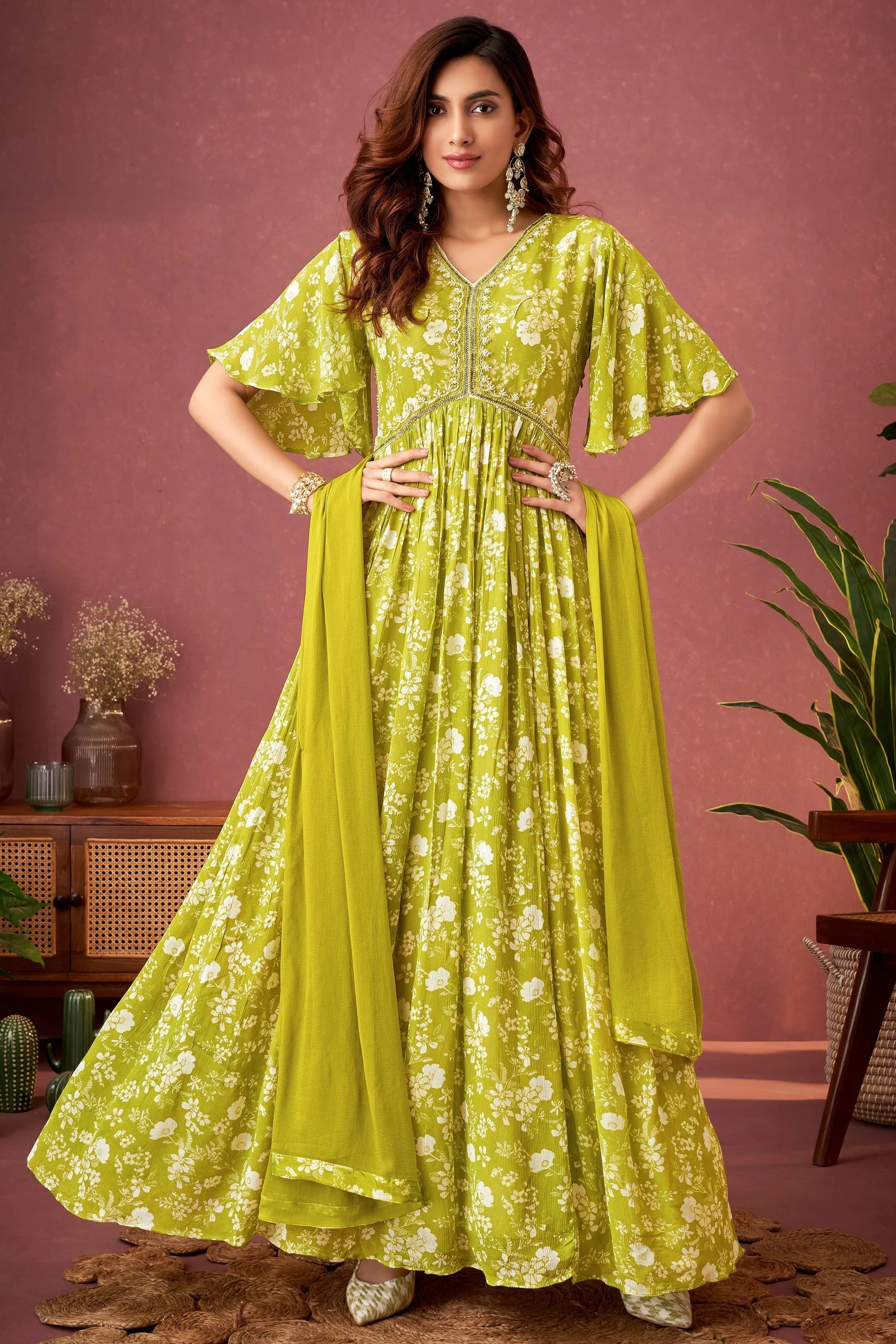 Green Color Chinon Readymade Gown With Embroidery Work