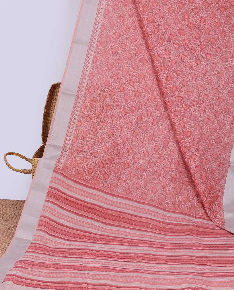 Green floral printed budget cotton saree, plain border & geometric printed pallu