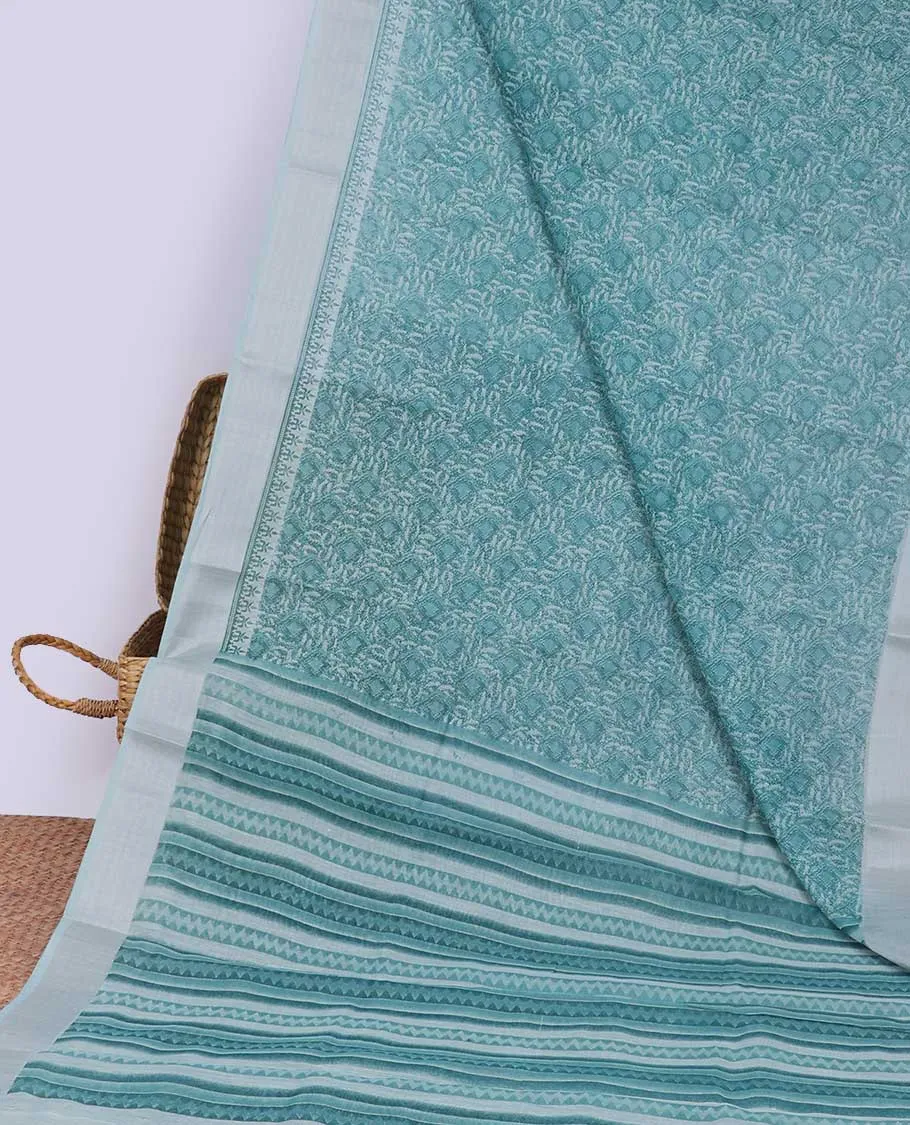 Green floral printed budget cotton saree, plain border & geometric printed pallu