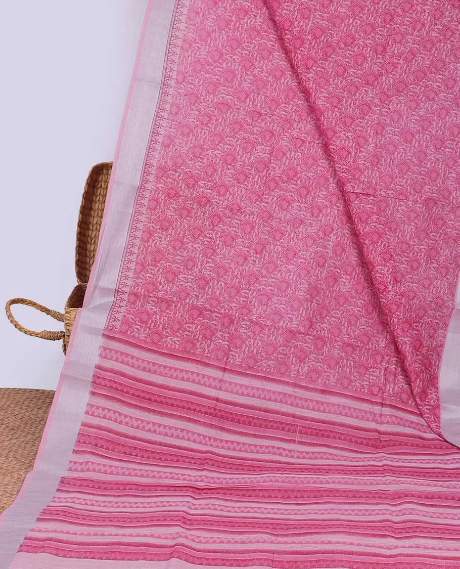 Green floral printed budget cotton saree, plain border & geometric printed pallu
