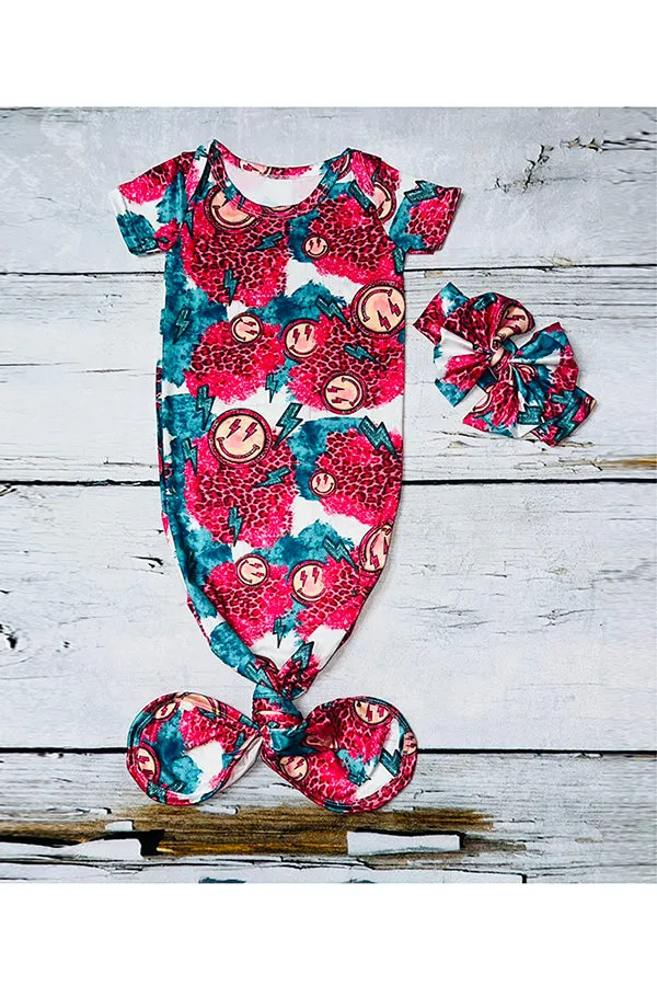Happy smiley face with hot pink leopard print baby gown DLH1215-07