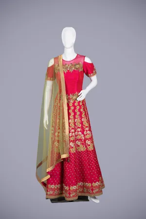Hot Pink Silk Gown with Jadau and Crystal Work