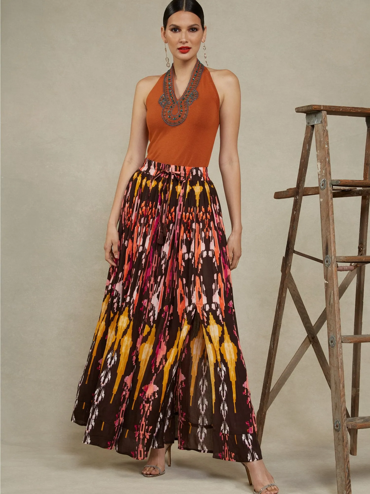 Ikat-Print Drawstring Maxi Skirt