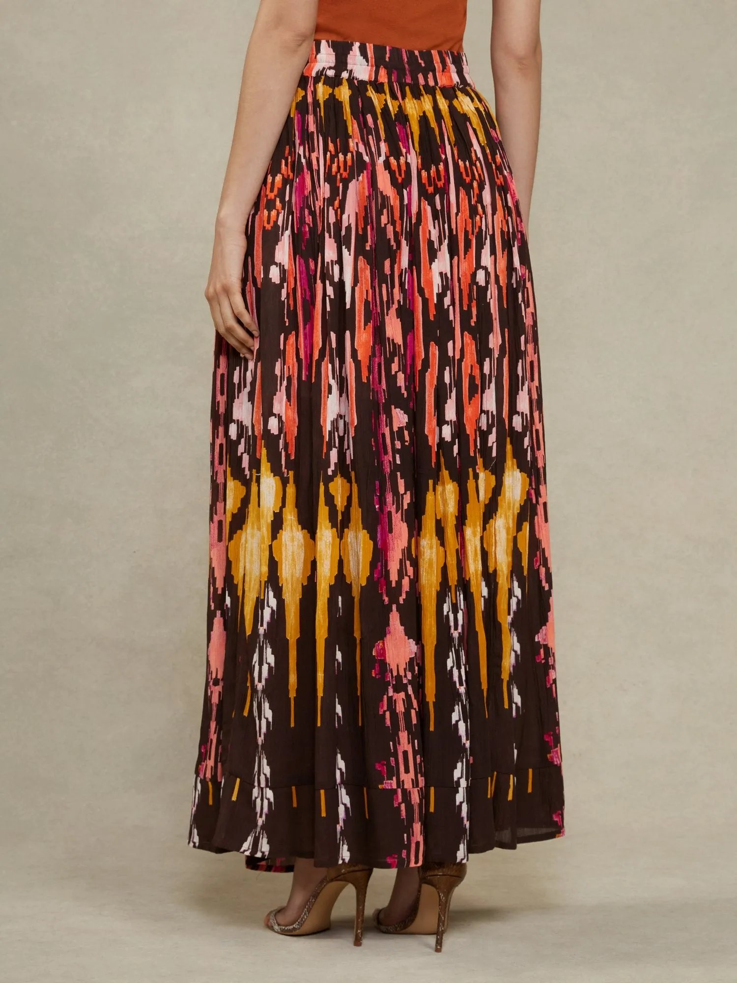 Ikat-Print Drawstring Maxi Skirt