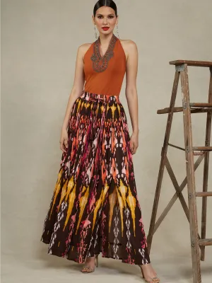 Ikat-Print Drawstring Maxi Skirt