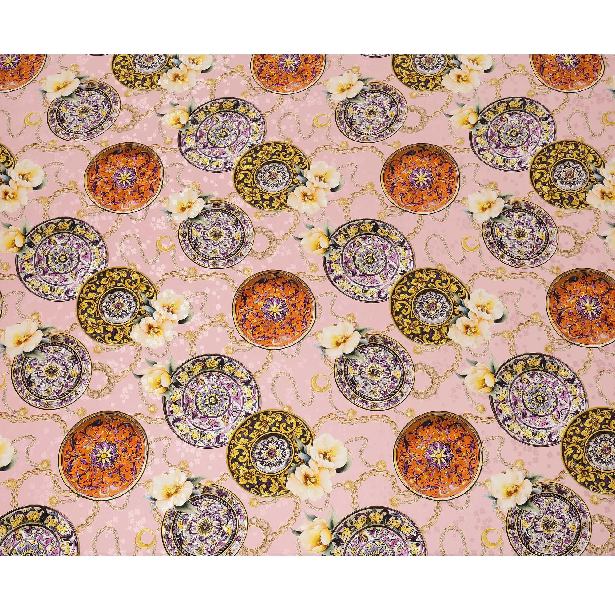 Italian Silk Satin Fabric with Ornate Medallion Design on Soft Pink Background – 150 cm Width-D20330