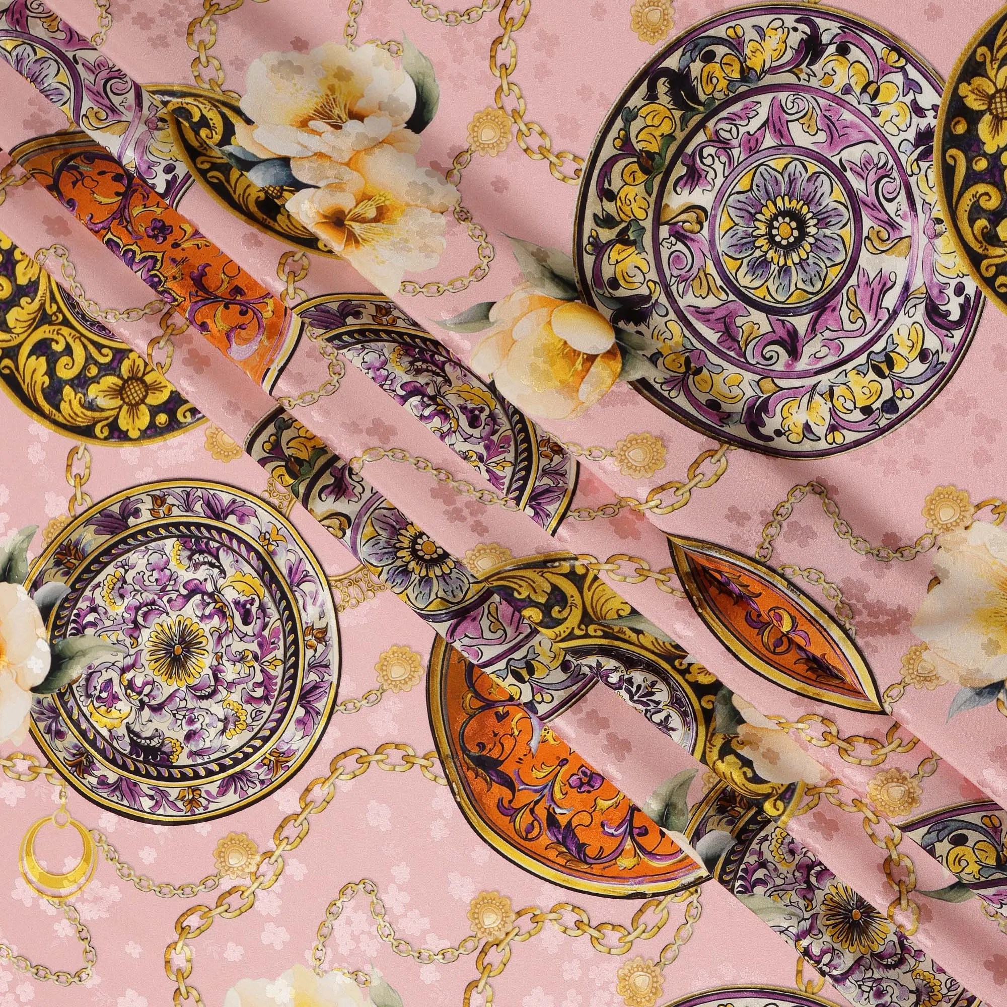 Italian Silk Satin Fabric with Ornate Medallion Design on Soft Pink Background – 150 cm Width-D20330