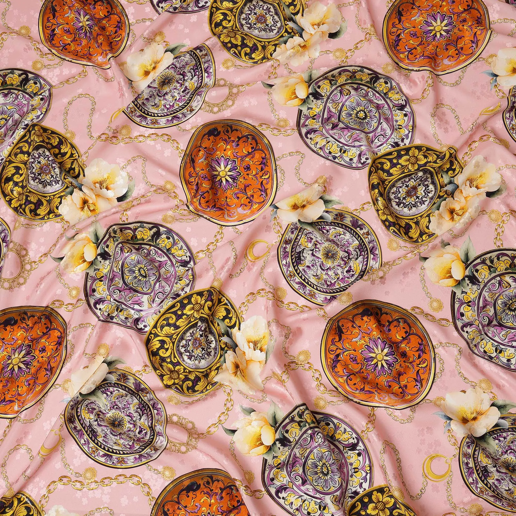 Italian Silk Satin Fabric with Ornate Medallion Design on Soft Pink Background – 150 cm Width-D20330