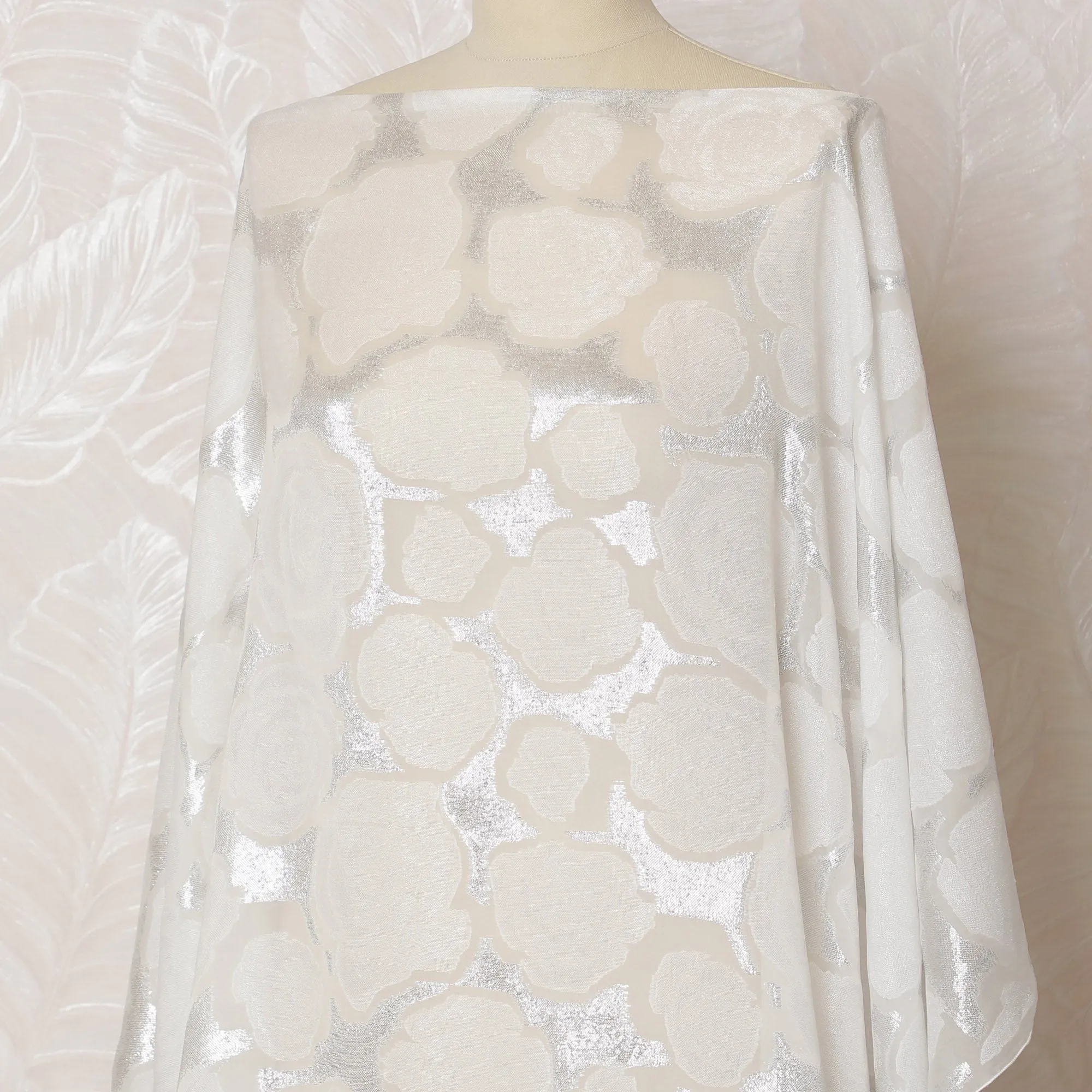 Ivory French Silk Chiffon Fabric with Silver Floral Lurex, Traditional Somali Dirac - 140 cm Width, 3.5 Meters-D20150