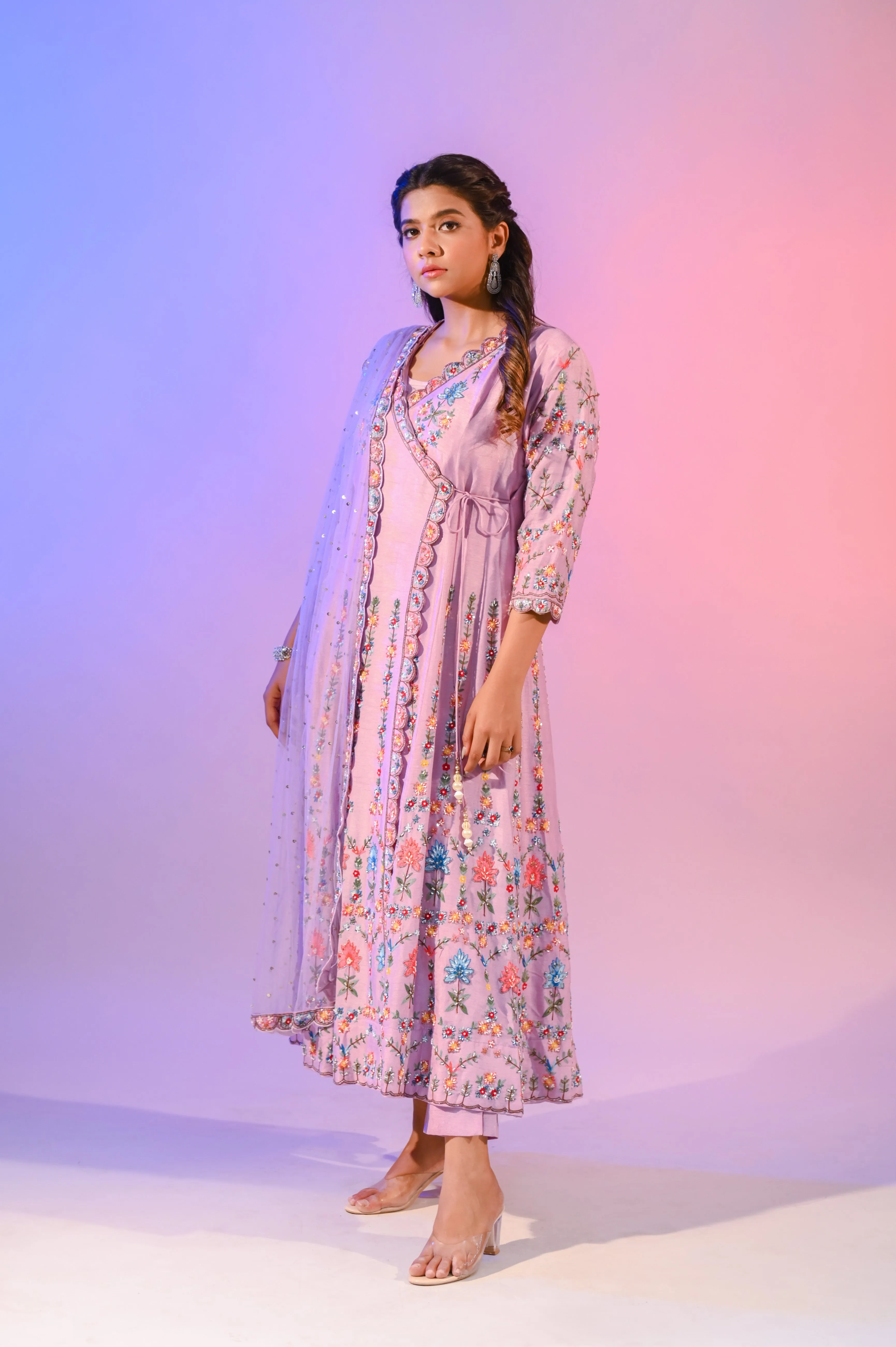 Lilac Silk Suit With Kashmiri Hand Work