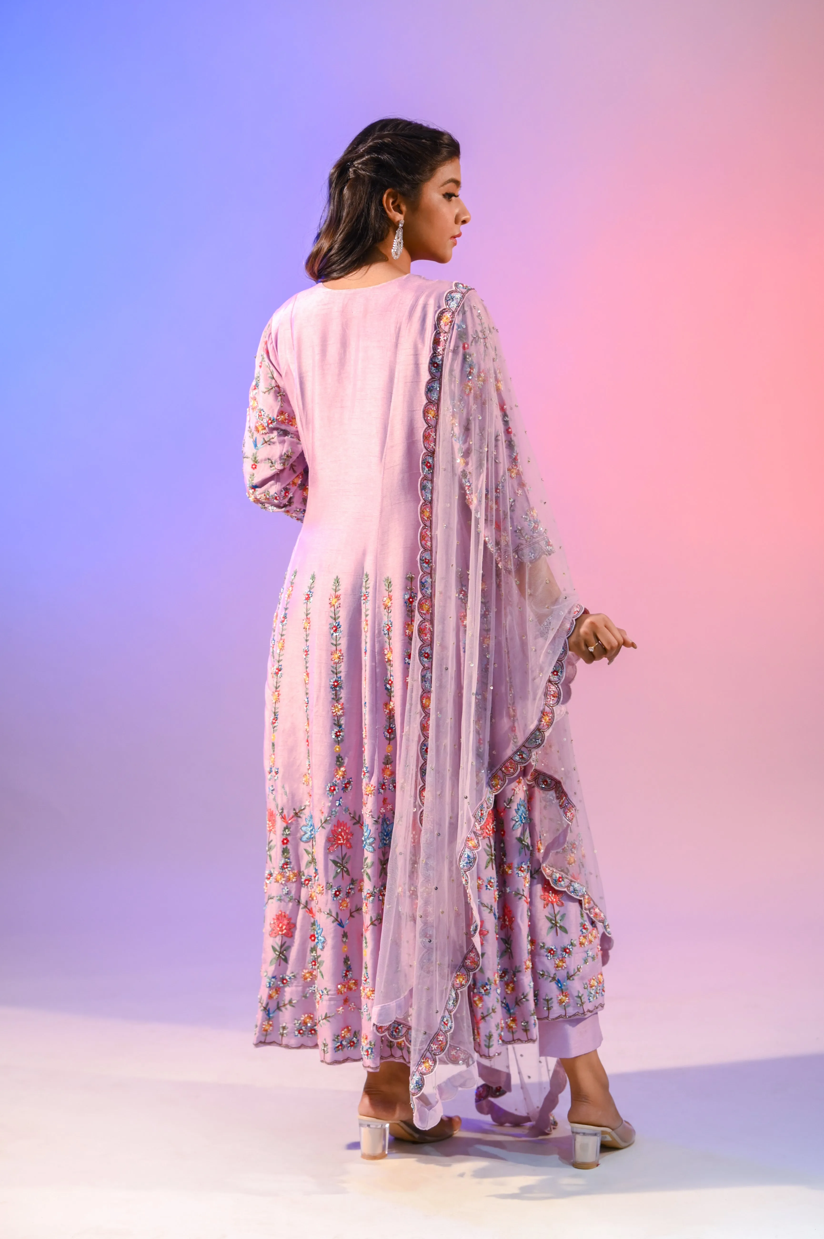 Lilac Silk Suit With Kashmiri Hand Work