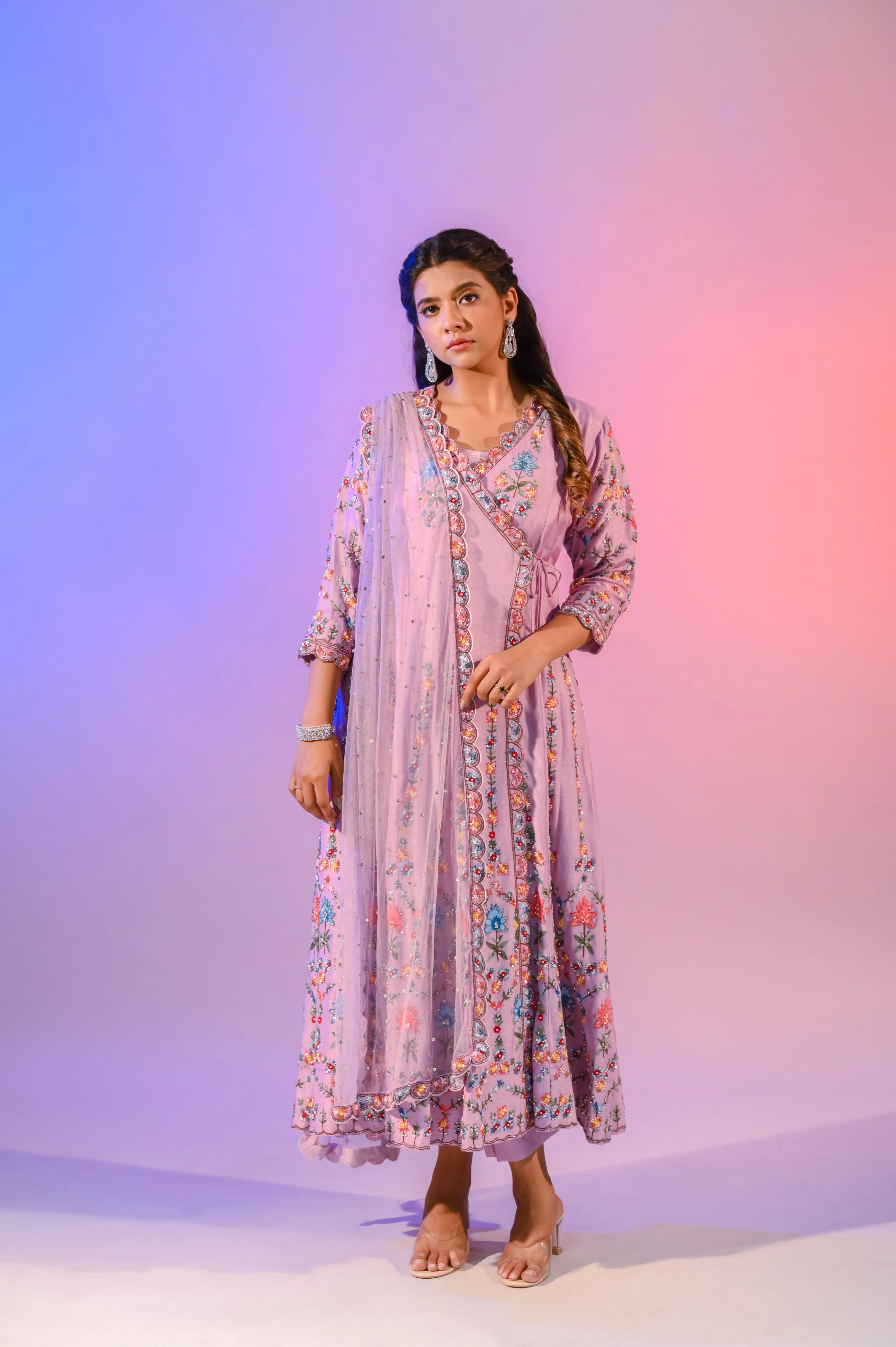 Lilac Silk Suit With Kashmiri Hand Work