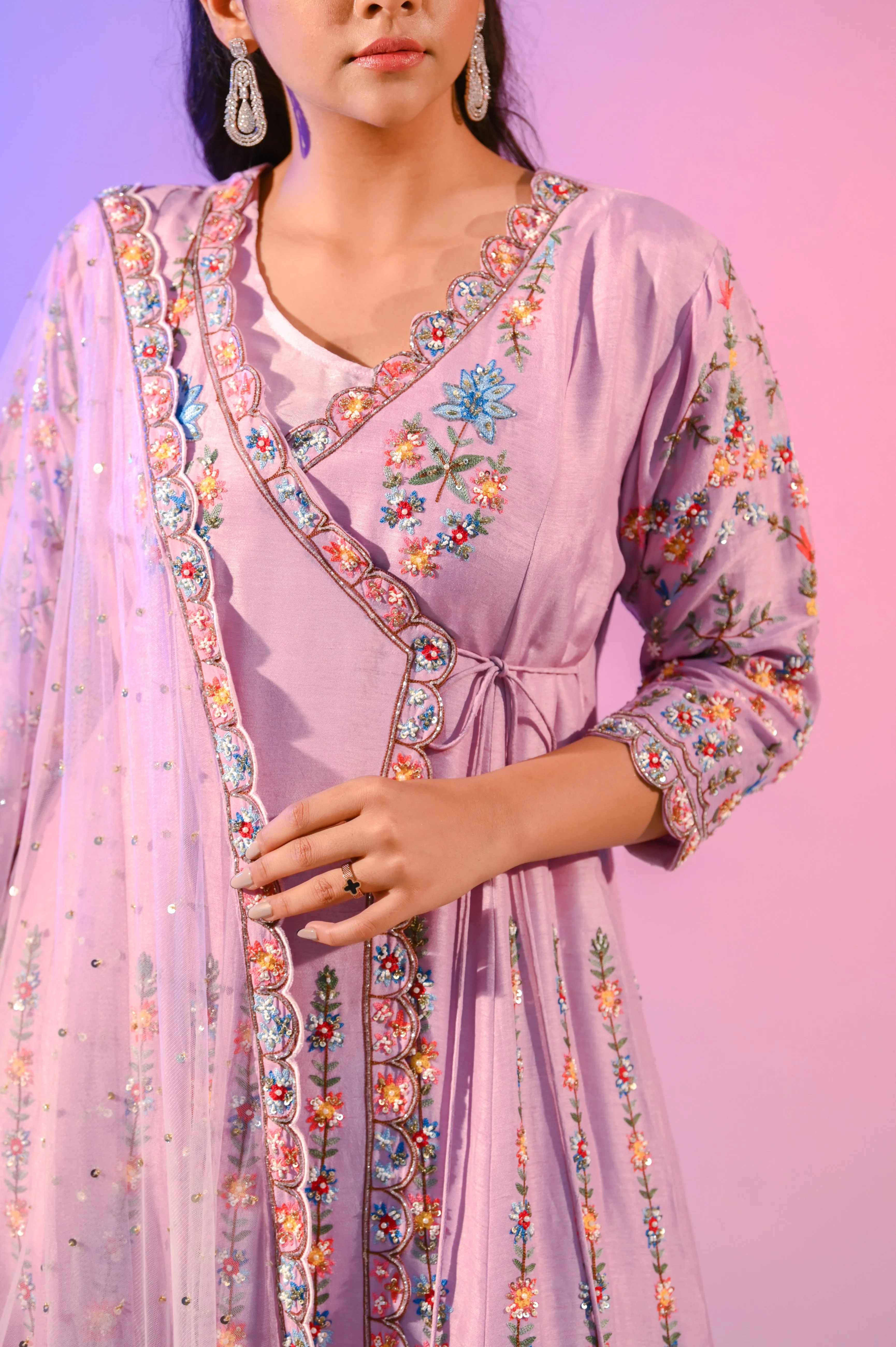 Lilac Silk Suit With Kashmiri Hand Work