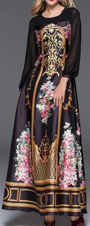 Long Print A-Line Gown - Black