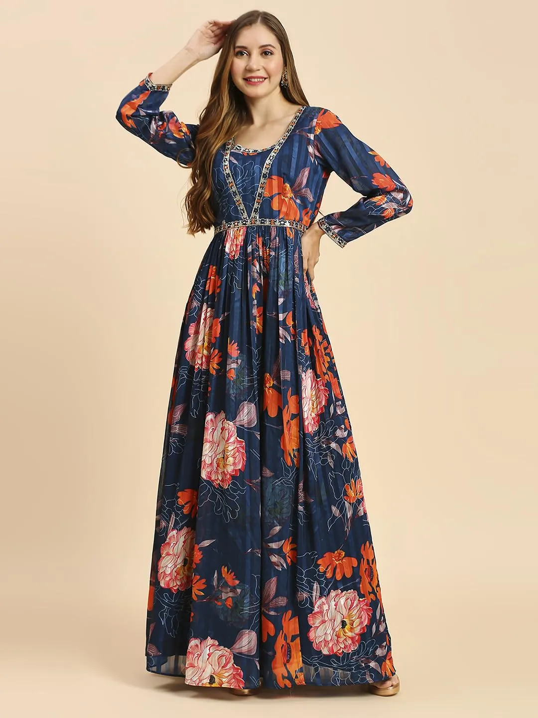 Madhuram Women's Sartin Patta Gown for Women Ethnic with Digital Print and Embroidery Work Long Gown Blue