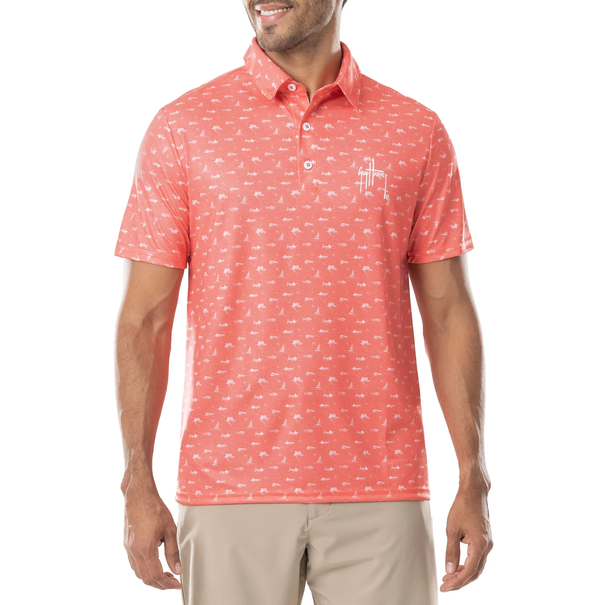 Men's Short Sleeve Coral Printed Performance Polo Shirt