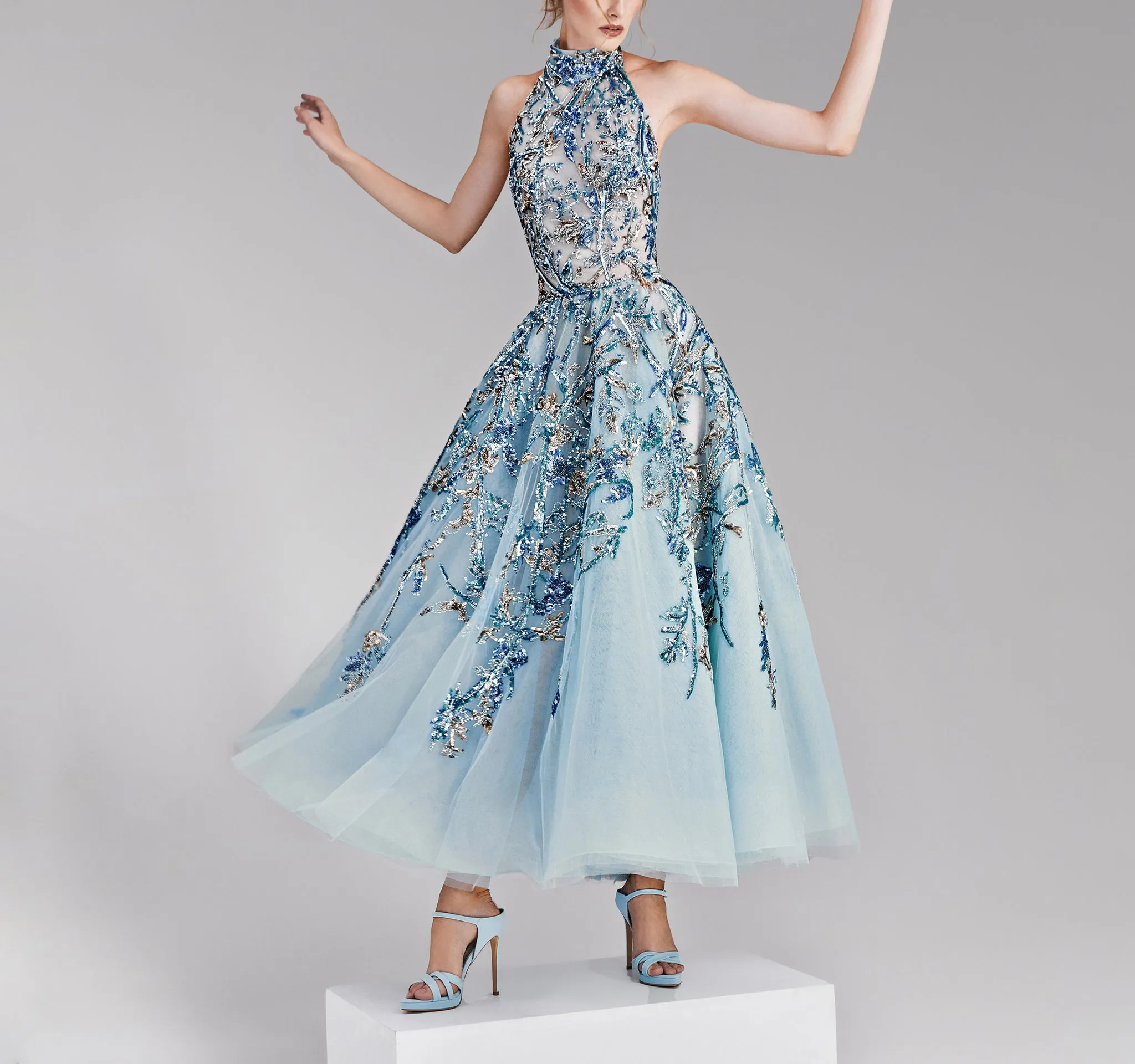 Midi Blue Dress with A Halter Neckline