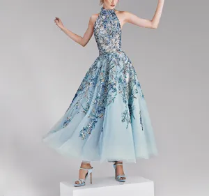 Midi Blue Dress with A Halter Neckline
