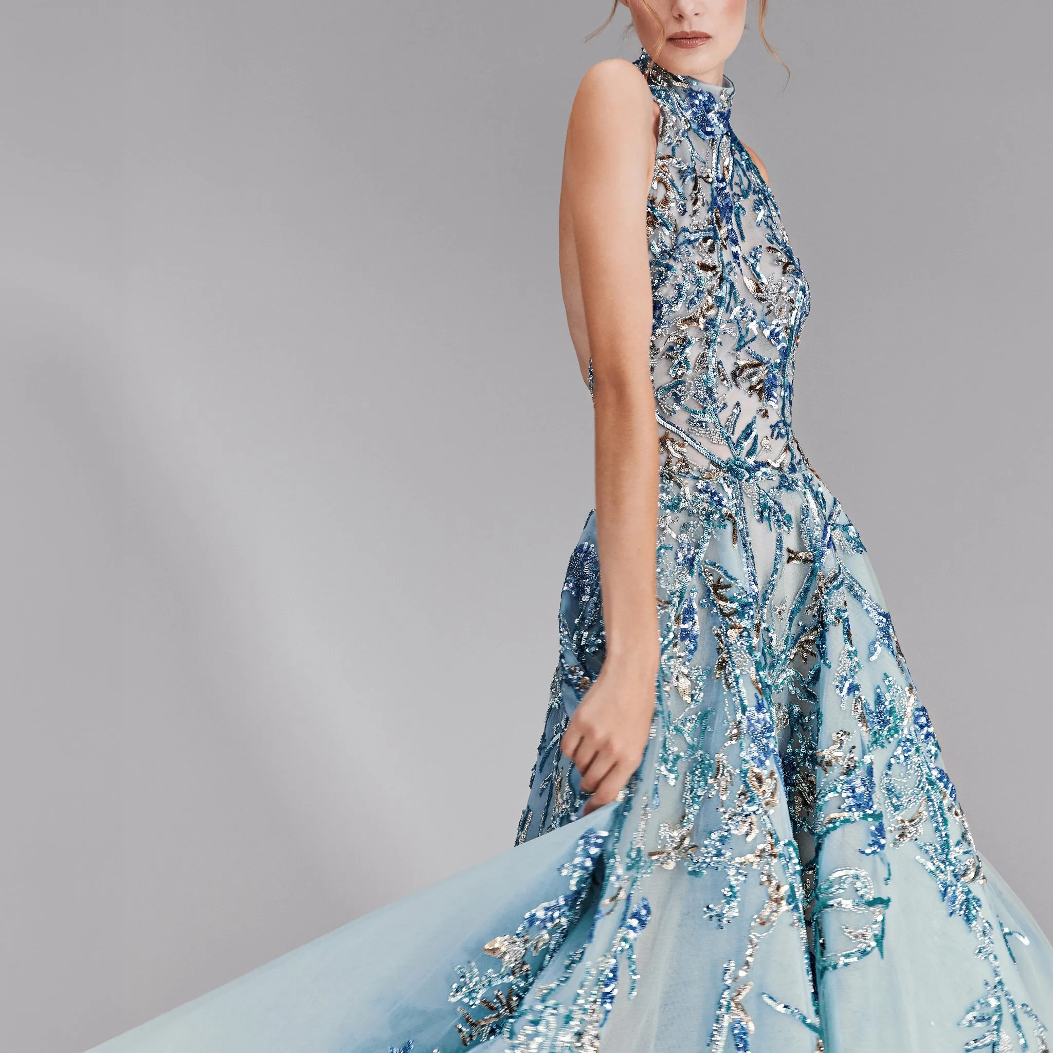 Midi Blue Dress with A Halter Neckline
