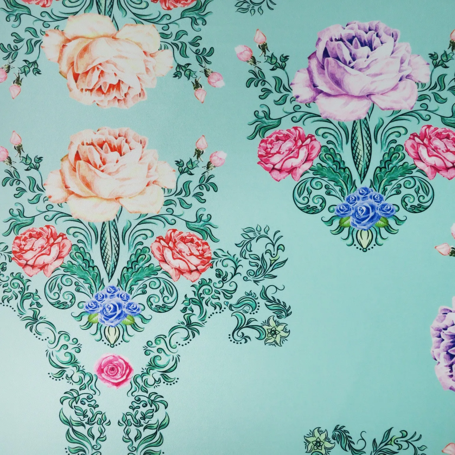 Multicolored Floral on Mint Background Printed Polyester Mikado Fabric