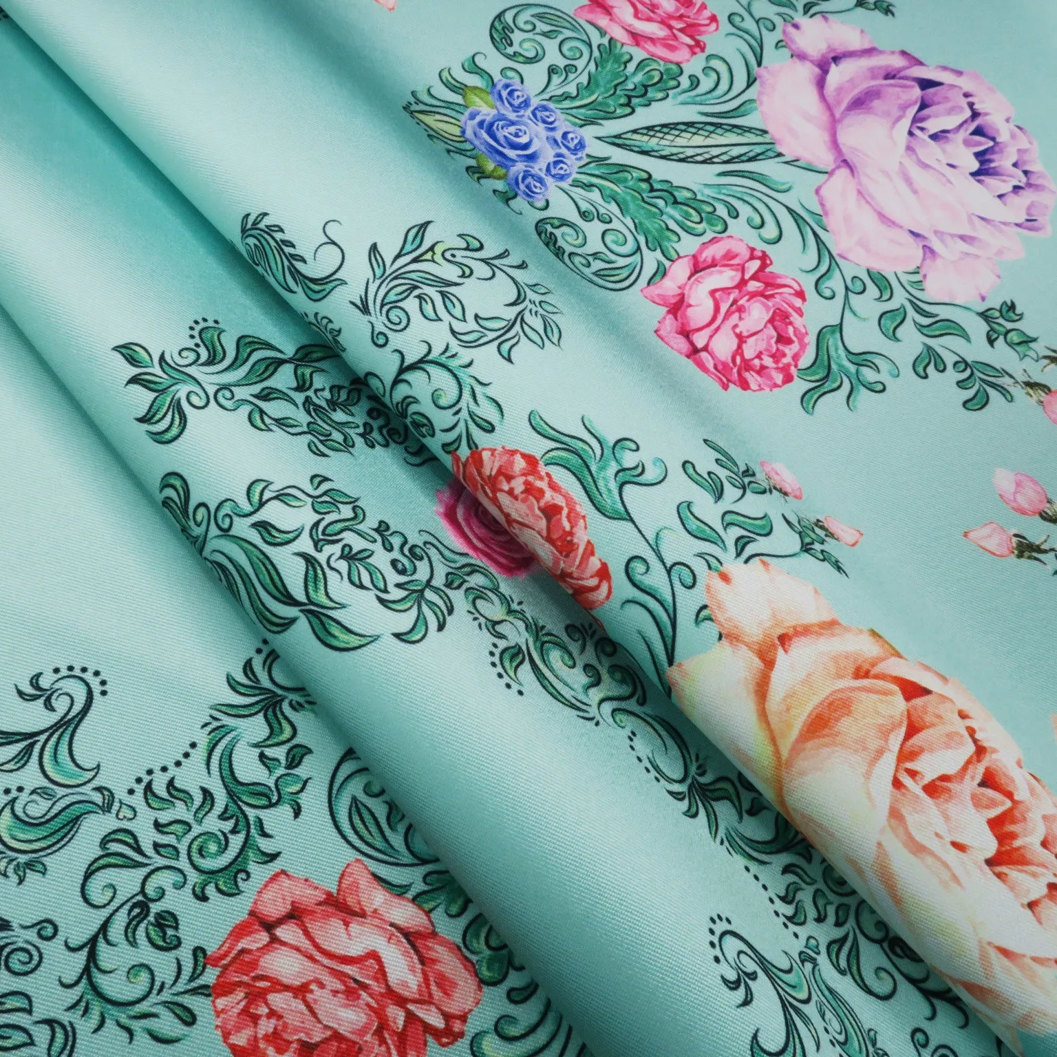 Multicolored Floral on Mint Background Printed Polyester Mikado Fabric