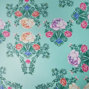Multicolored Floral on Mint Background Printed Polyester Mikado Fabric