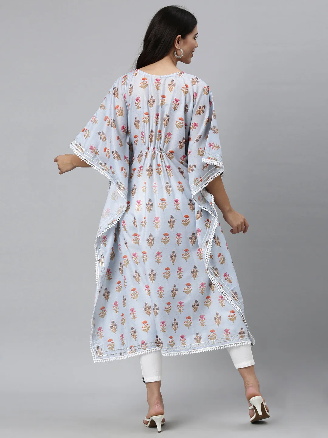 Neerus Women Blue Floral Printed Flared Sleeves Floral Kaftan Kurta