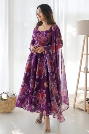 New Purple Colour Flower Print Gown Design